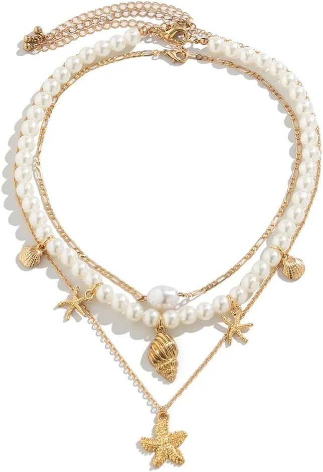 Sora Tuki Gold Starfish Necklace and Earrings - Beach Jewelry for Women - Summer Necklace with Surfer Shell and Turtle Conch Beaded Choker
