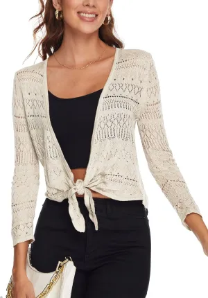 Spicy Sandia Women's Tie Front Sheer Shrug 3/4 Sleeve Crochet Cropped Cardigan Sweater for Summer Lightweight