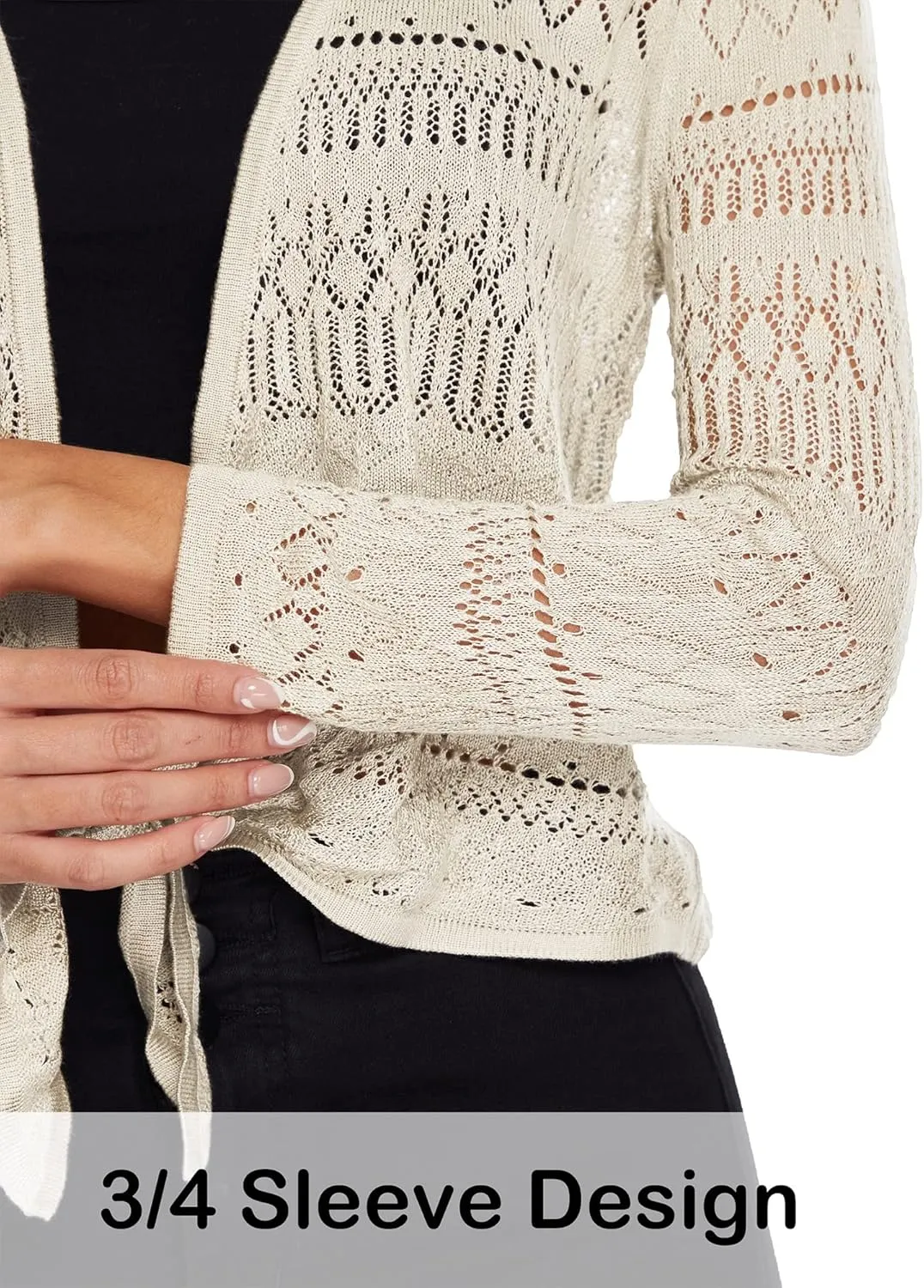 Spicy Sandia Women's Tie Front Sheer Shrug 3/4 Sleeve Crochet Cropped Cardigan Sweater for Summer Lightweight