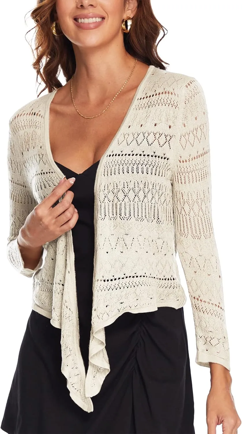 Spicy Sandia Women's Tie Front Sheer Shrug 3/4 Sleeve Crochet Cropped Cardigan Sweater for Summer Lightweight