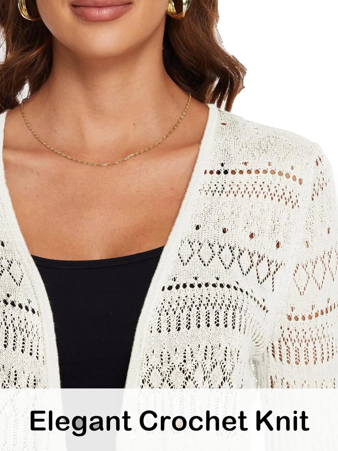 Spicy Sandia Women's Tie Front Sheer Shrug 3/4 Sleeve Crochet Cropped Cardigan Sweater for Summer Lightweight
