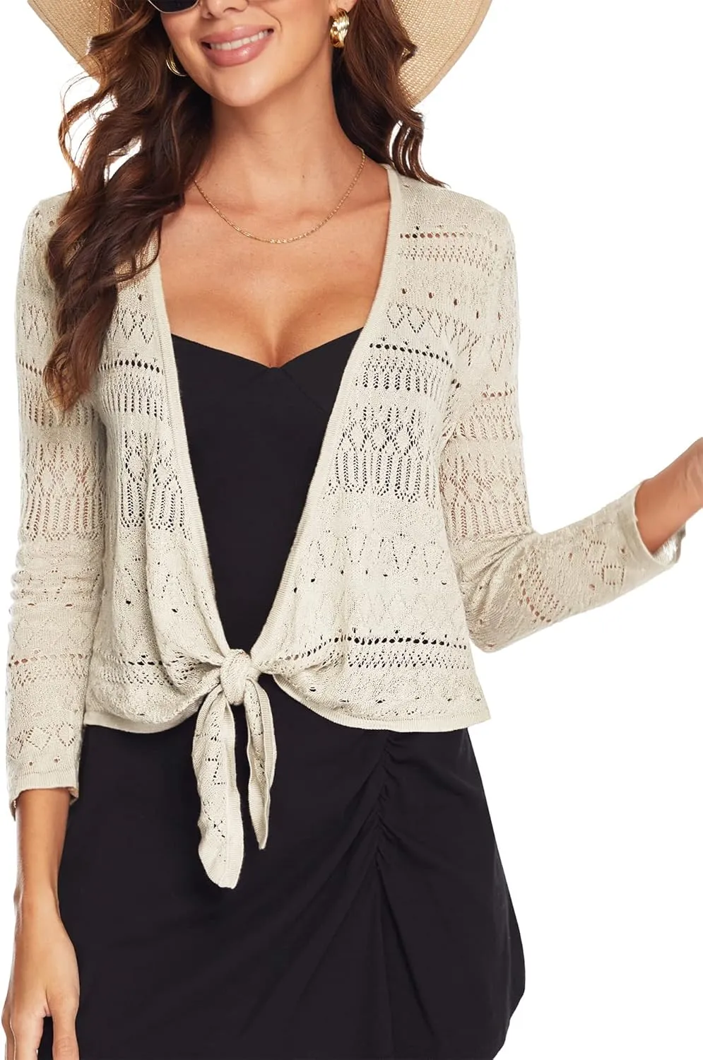 Spicy Sandia Women's Tie Front Sheer Shrug 3/4 Sleeve Crochet Cropped Cardigan Sweater for Summer Lightweight