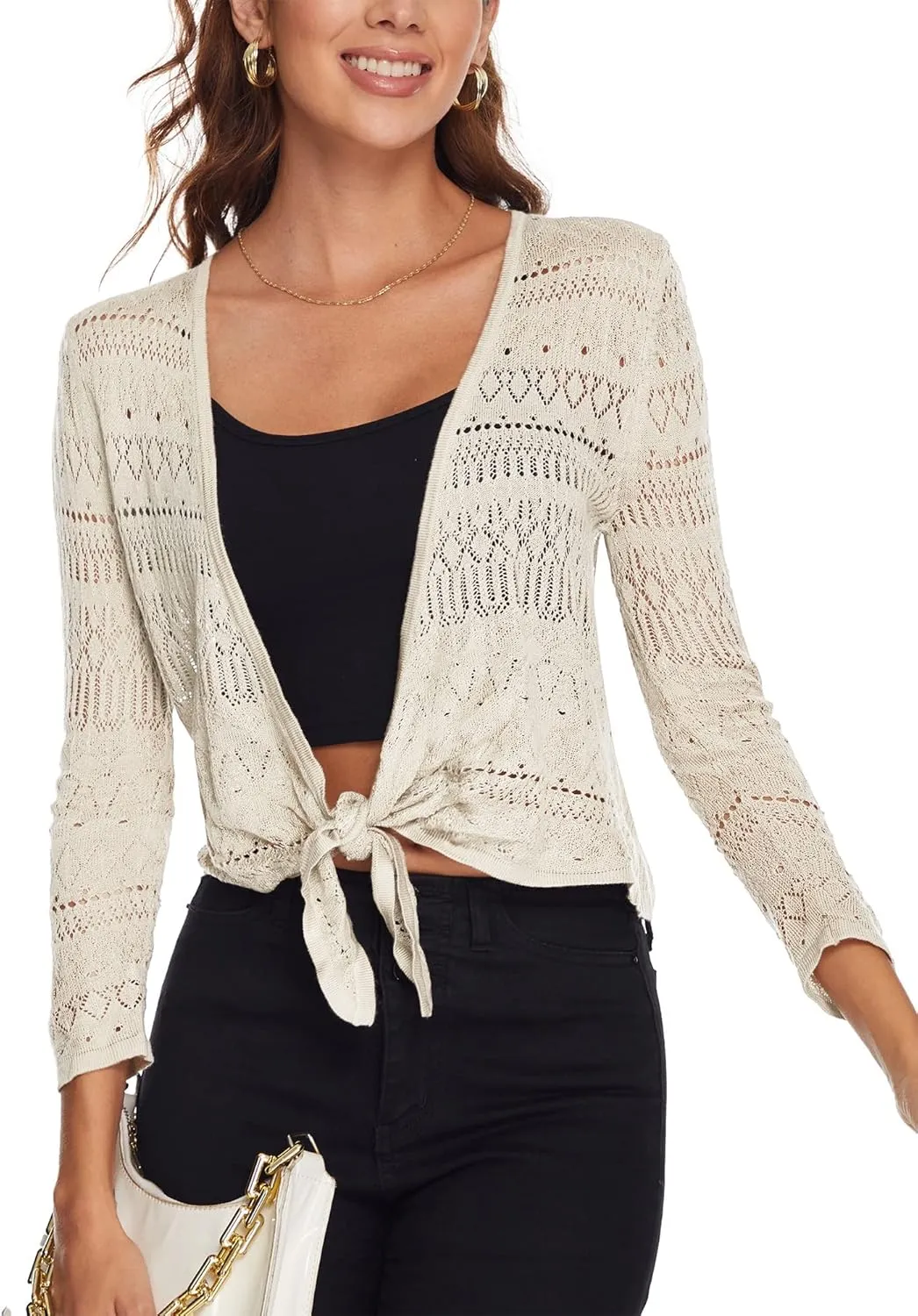 Spicy Sandia Women's Tie Front Sheer Shrug 3/4 Sleeve Crochet Cropped Cardigan Sweater for Summer Lightweight