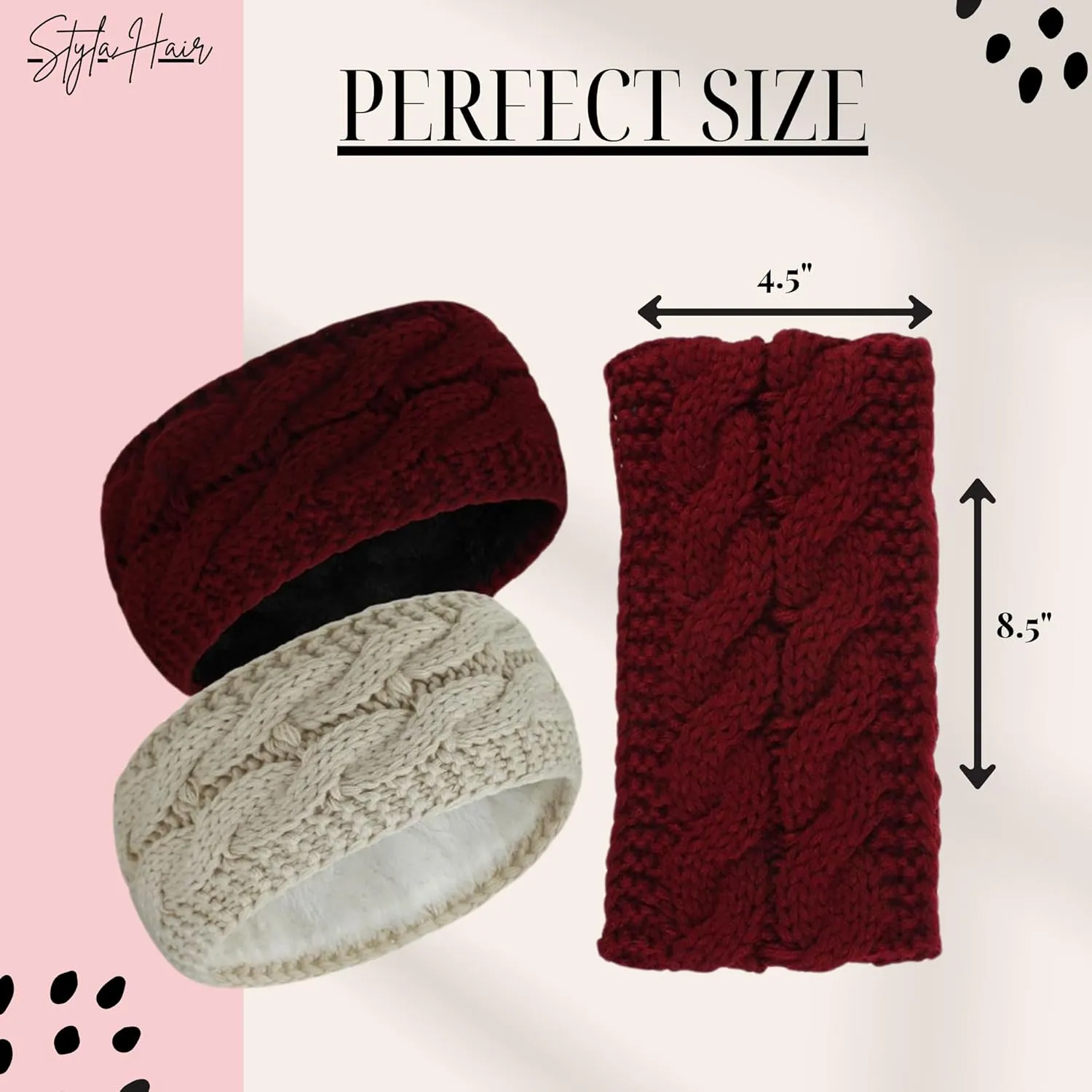 Styla Hair Ear Muffs Knit Headbands for Women - Warm Soft Thick Fleece Lined Ear Warmers, 2pk (Burgundy Beige)