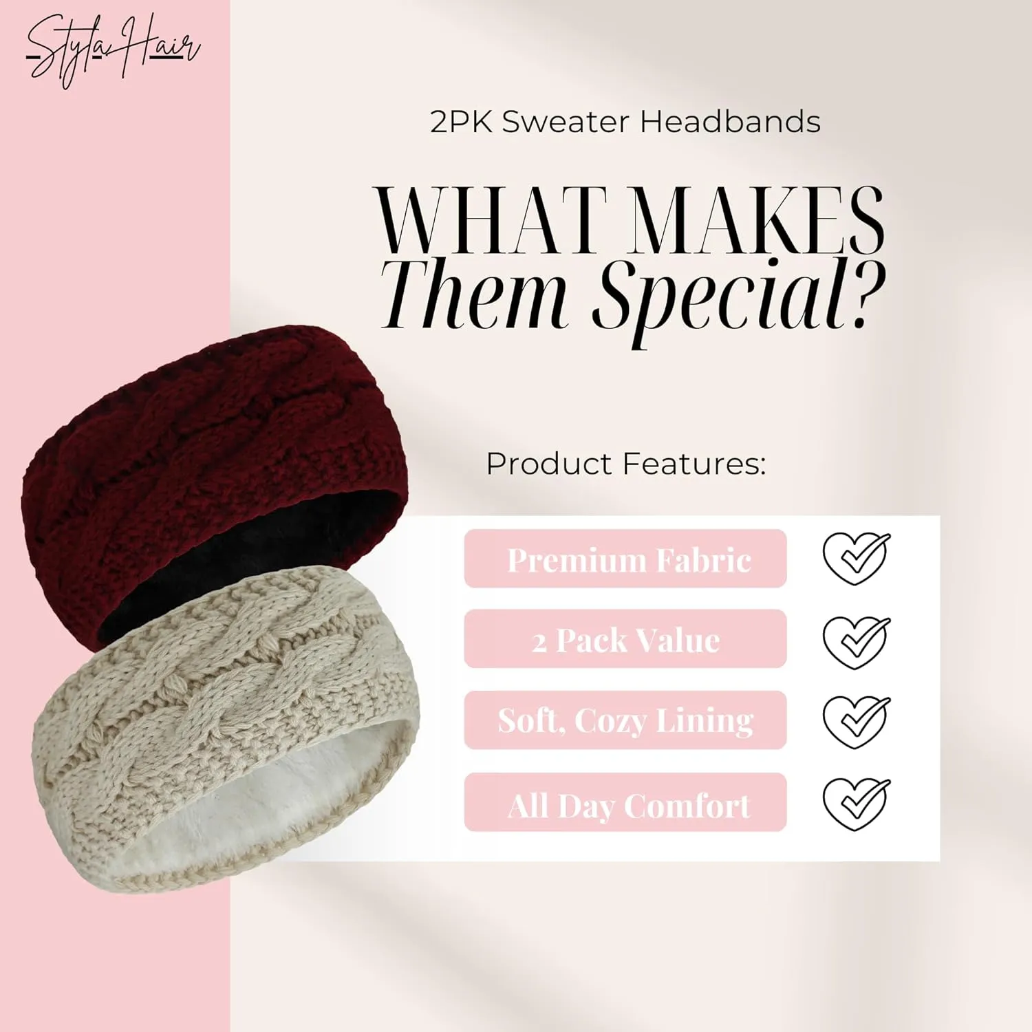 Styla Hair Ear Muffs Knit Headbands for Women - Warm Soft Thick Fleece Lined Ear Warmers, 2pk (Burgundy Beige)
