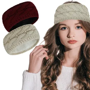 Styla Hair Ear Muffs Knit Headbands for Women - Warm Soft Thick Fleece Lined Ear Warmers, 2pk (Burgundy Beige)