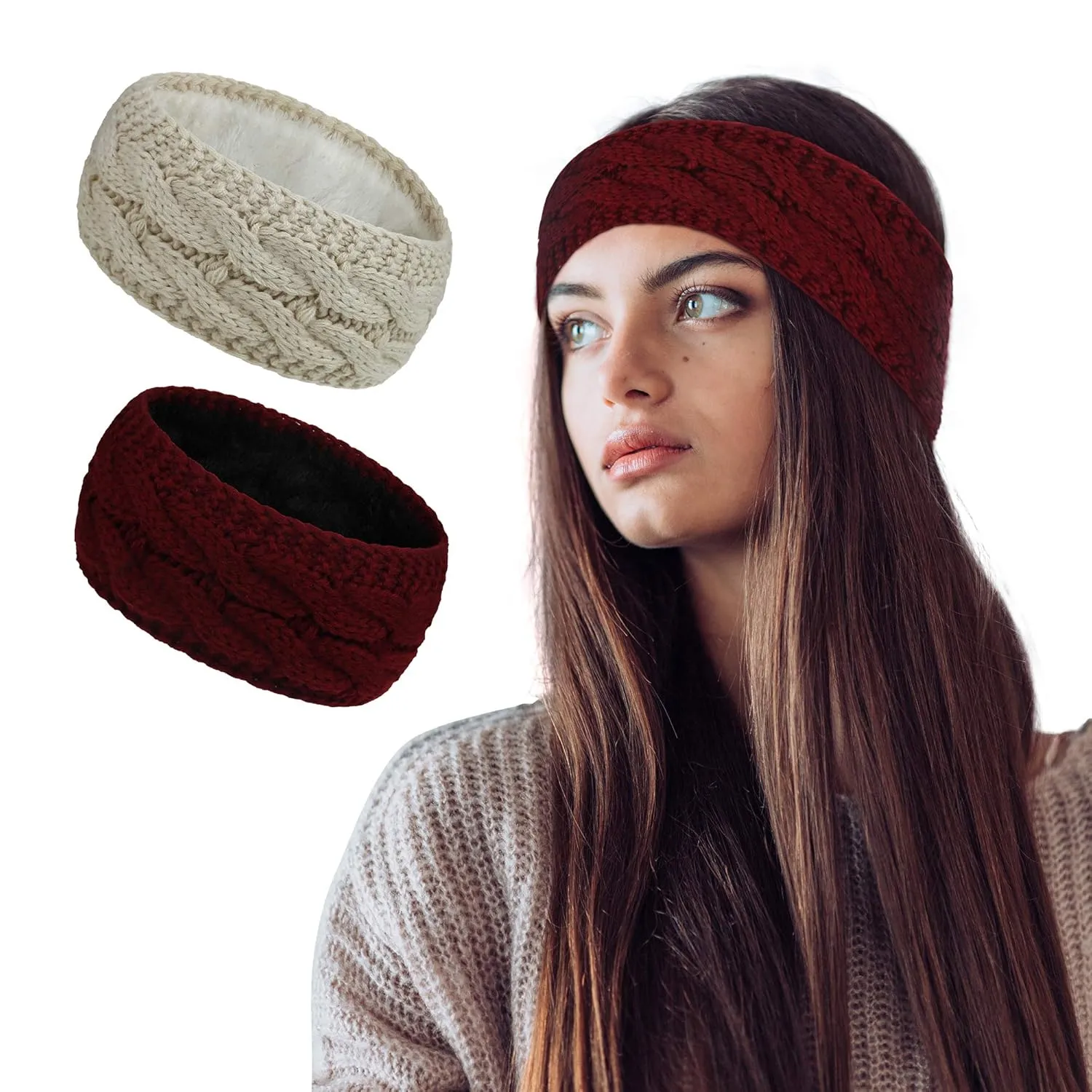 Styla Hair Ear Muffs Knit Headbands for Women - Warm Soft Thick Fleece Lined Ear Warmers, 2pk (Burgundy Beige)