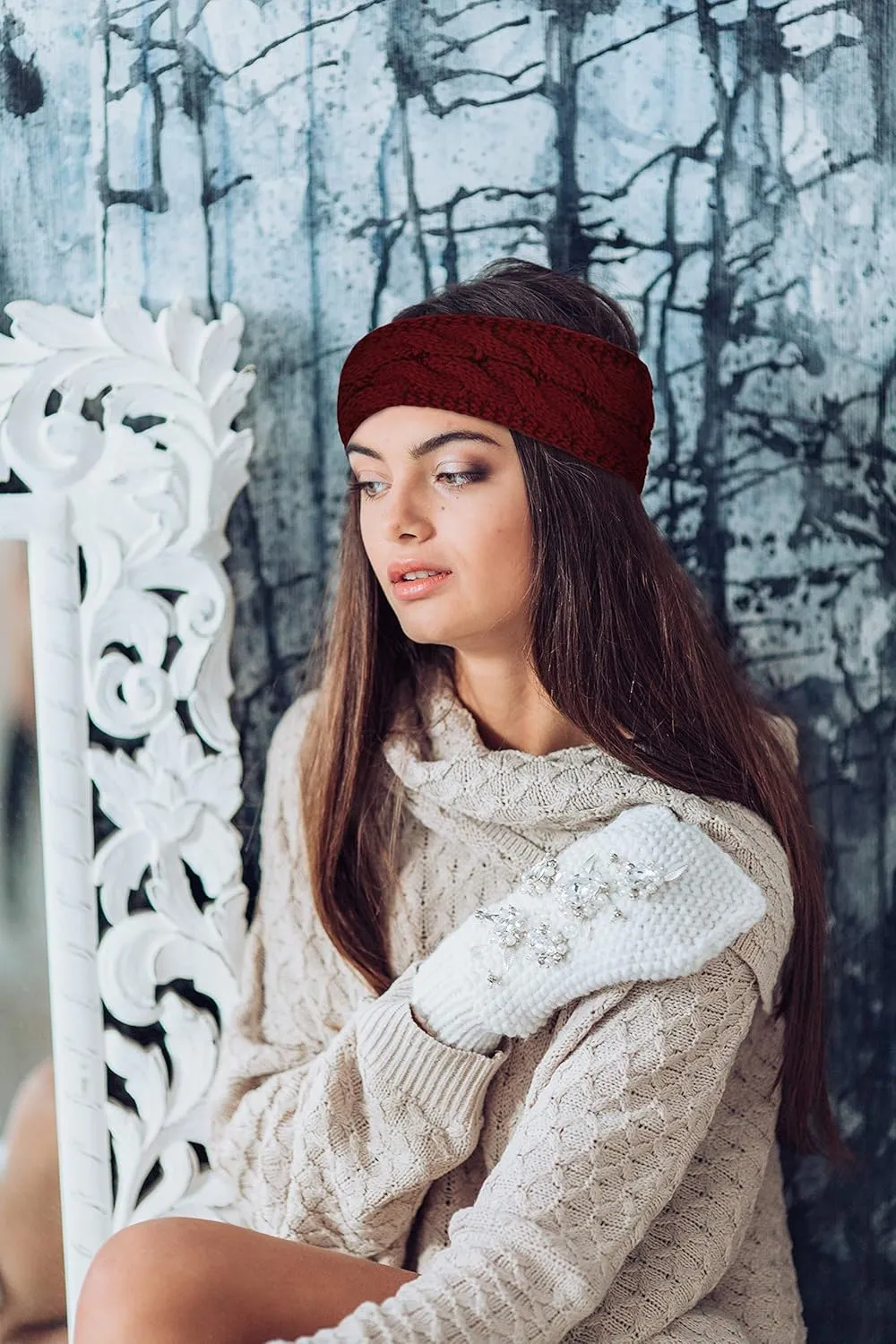 Styla Hair Ear Muffs Knit Headbands for Women - Warm Soft Thick Fleece Lined Ear Warmers, 2pk (Burgundy Beige)