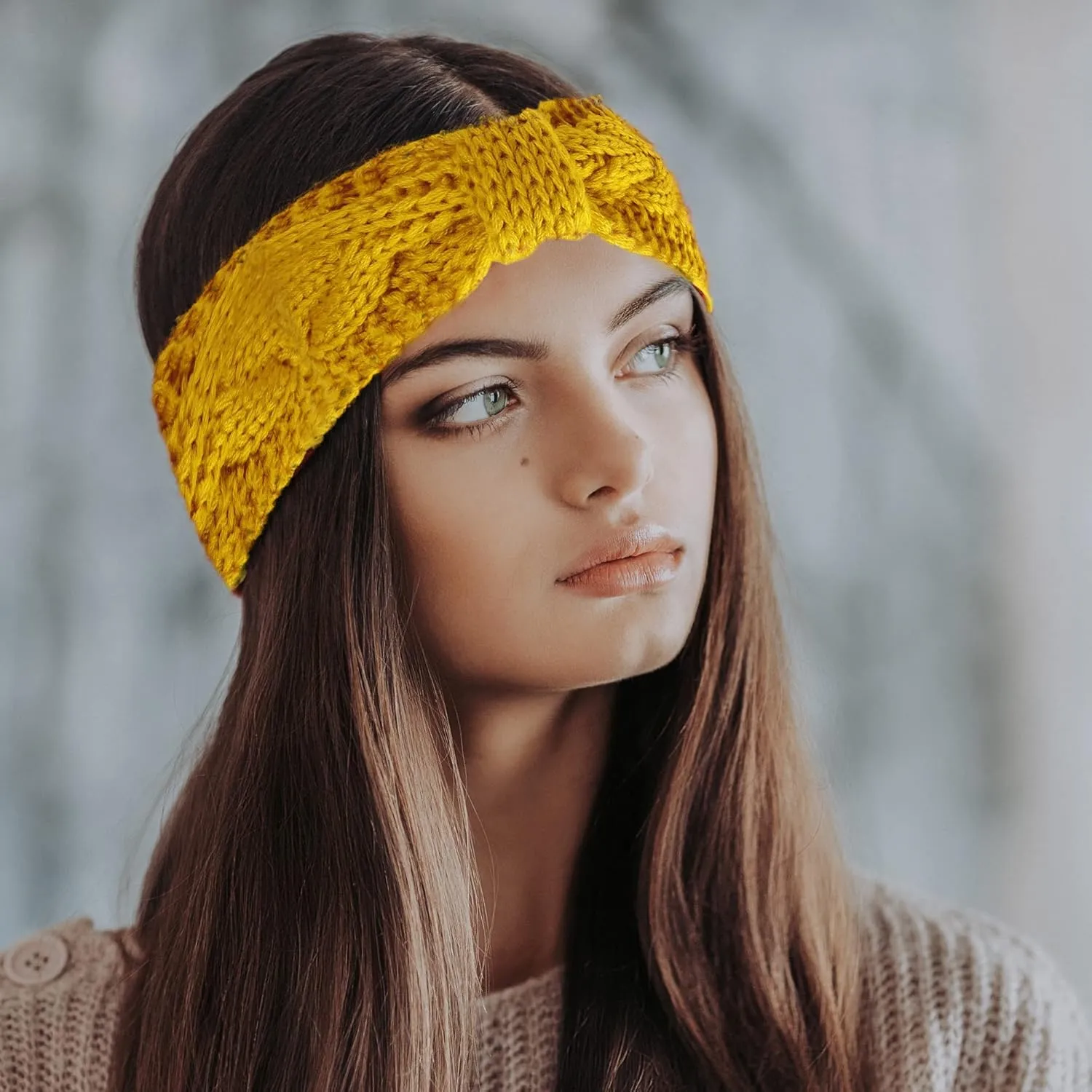 Styla Hair Ear Muffs Knit Headbands - Warm Soft Thick Fleece Lined Winter Ear Warmers for Women, 2pk (Yellow Grey)