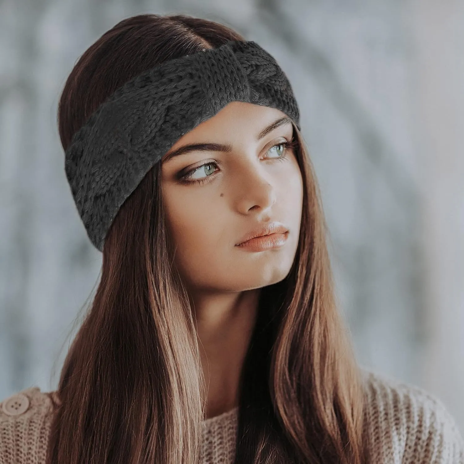 Styla Hair Ear Muffs Knit Headbands - Warm Soft Thick Fleece Lined Winter Ear Warmers for Women, 2pk (Yellow Grey)