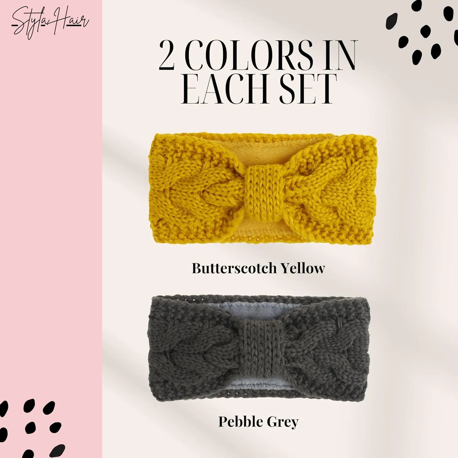 Styla Hair Ear Muffs Knit Headbands - Warm Soft Thick Fleece Lined Winter Ear Warmers for Women, 2pk (Yellow Grey)