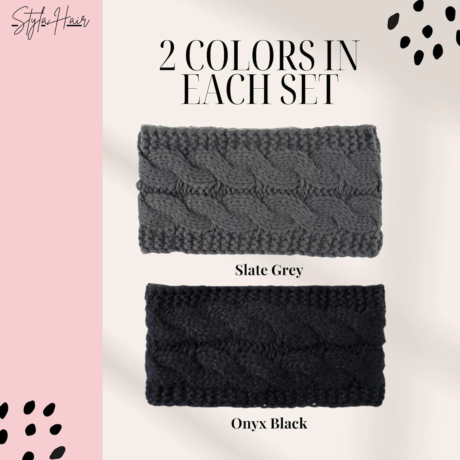 Styla Hair Hairband 2pk - Warm Winter Headbands for Women, Knit Headbands with Fleece Lining, Ear Warmers for Women, 2 Count (Dark Solid)