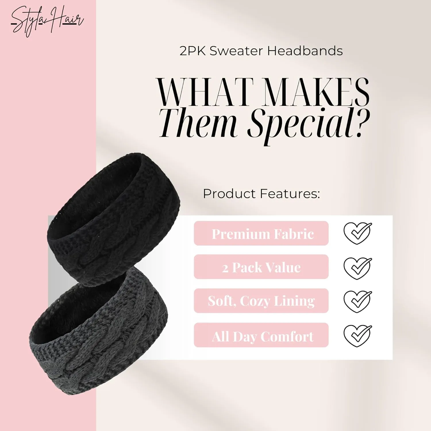 Styla Hair Hairband 2pk - Warm Winter Headbands for Women, Knit Headbands with Fleece Lining, Ear Warmers for Women, 2 Count (Dark Solid)