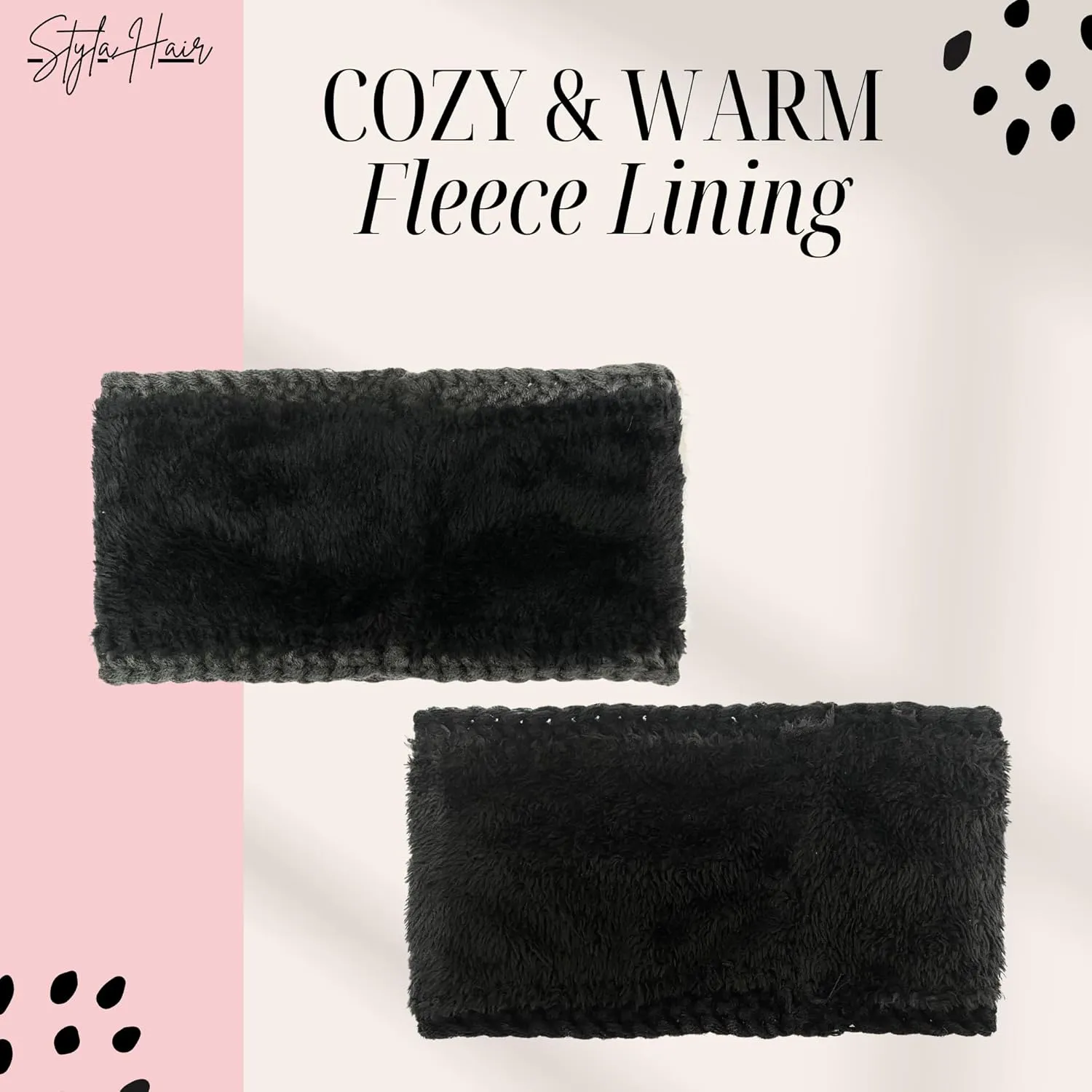 Styla Hair Hairband 2pk - Warm Winter Headbands for Women, Knit Headbands with Fleece Lining, Ear Warmers for Women, 2 Count (Dark Solid)