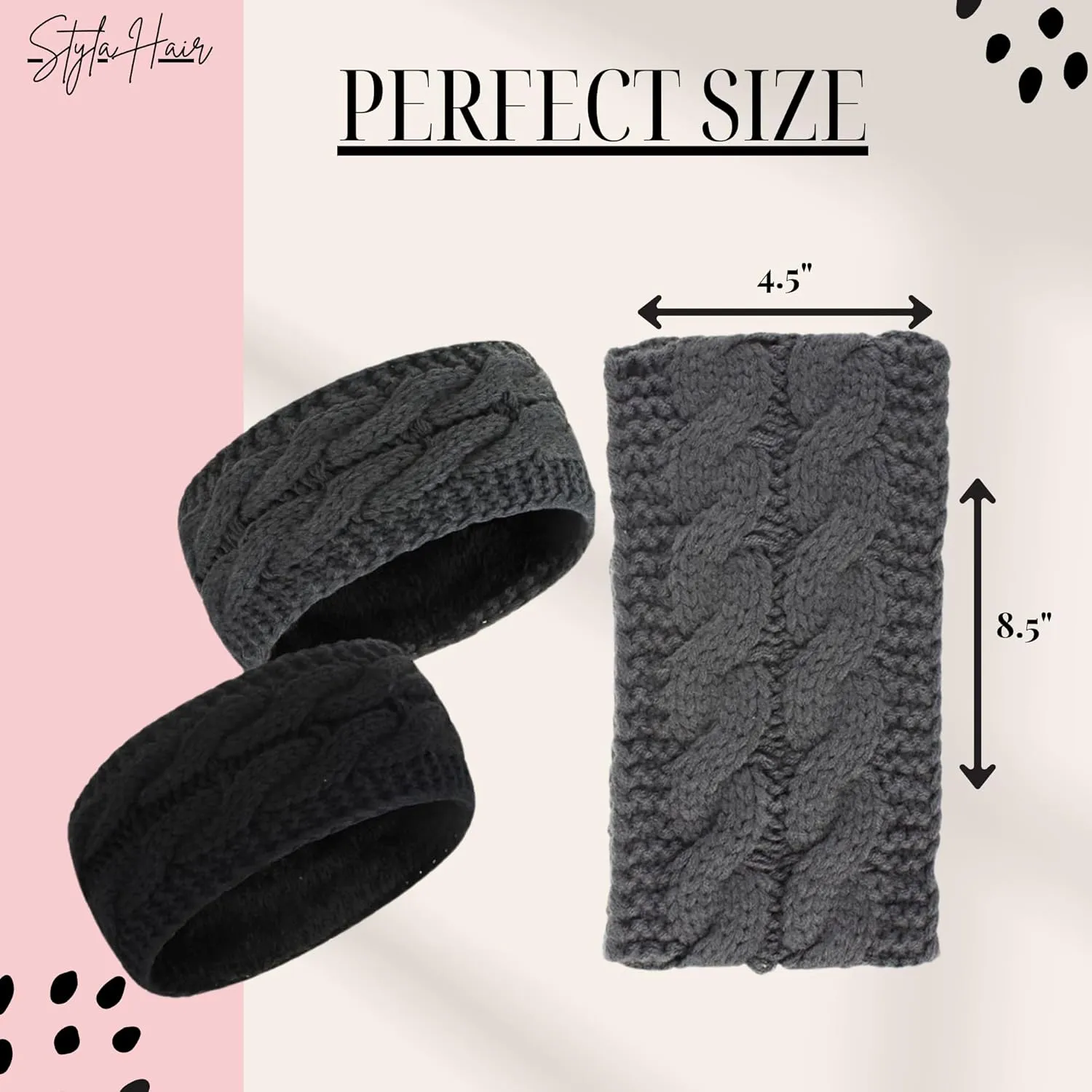 Styla Hair Hairband 2pk - Warm Winter Headbands for Women, Knit Headbands with Fleece Lining, Ear Warmers for Women, 2 Count (Dark Solid)