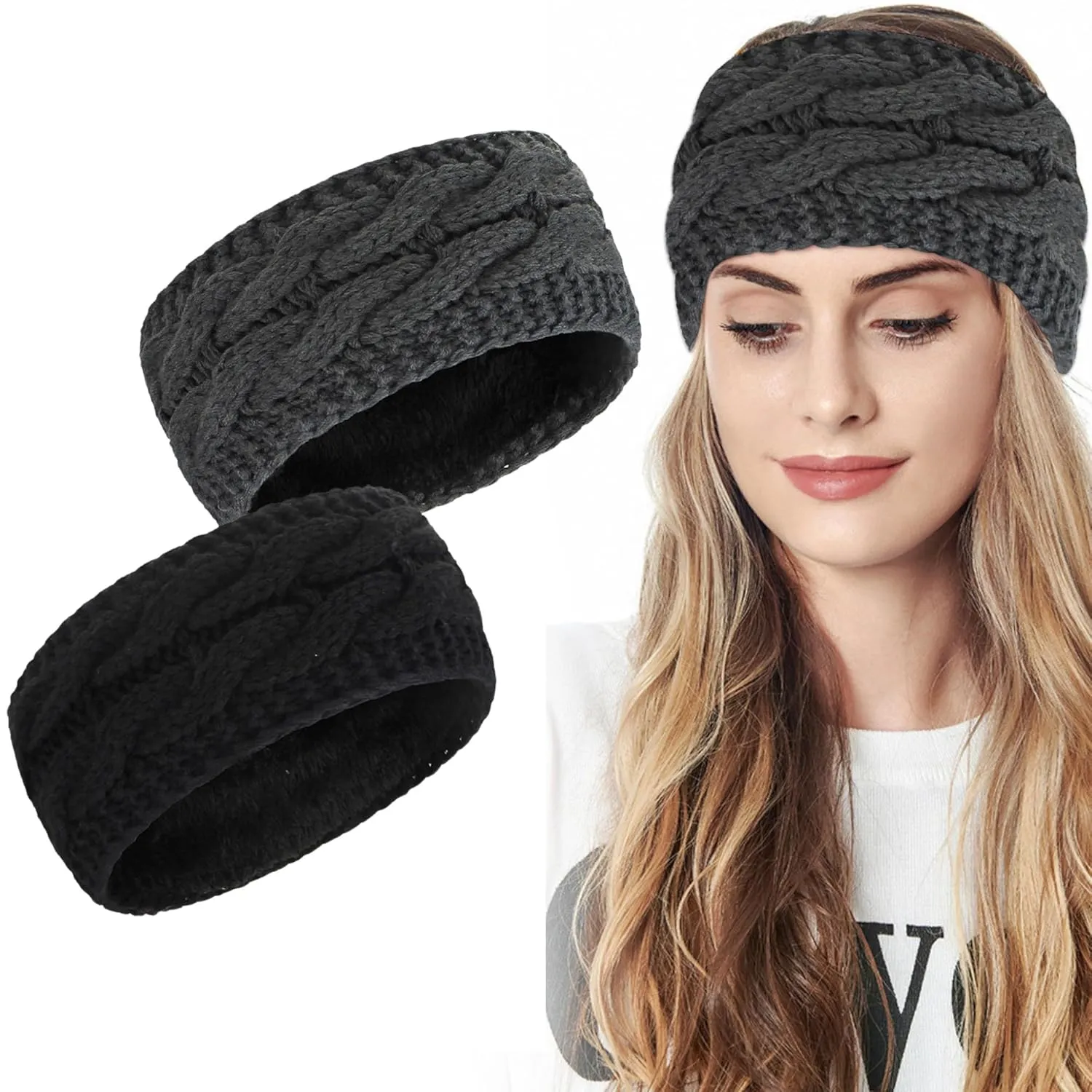 Styla Hair Hairband 2pk - Warm Winter Headbands for Women, Knit Headbands with Fleece Lining, Ear Warmers for Women, 2 Count (Dark Solid)