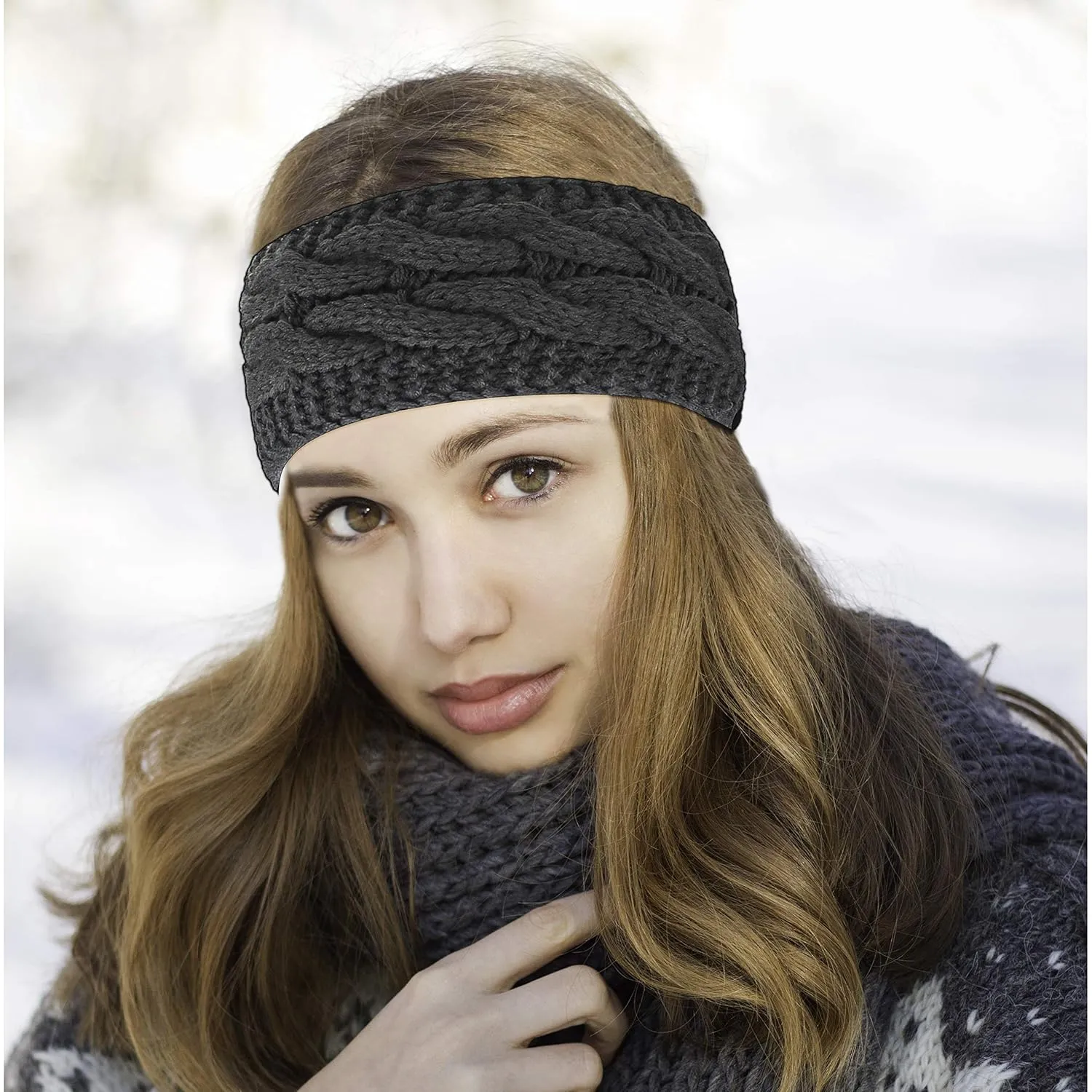 Styla Hair Hairband 2pk - Warm Winter Headbands for Women, Knit Headbands with Fleece Lining, Ear Warmers for Women, 2 Count (Dark Solid)