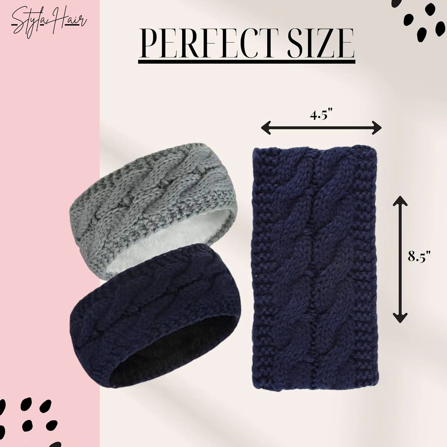Styla Hair Winter Headbands for Women  Chunky Knit Ear Muffs Headbands with Soft Warm Lining - Ear Warmer Headband for Women, 2 Pack Set Navy Grey