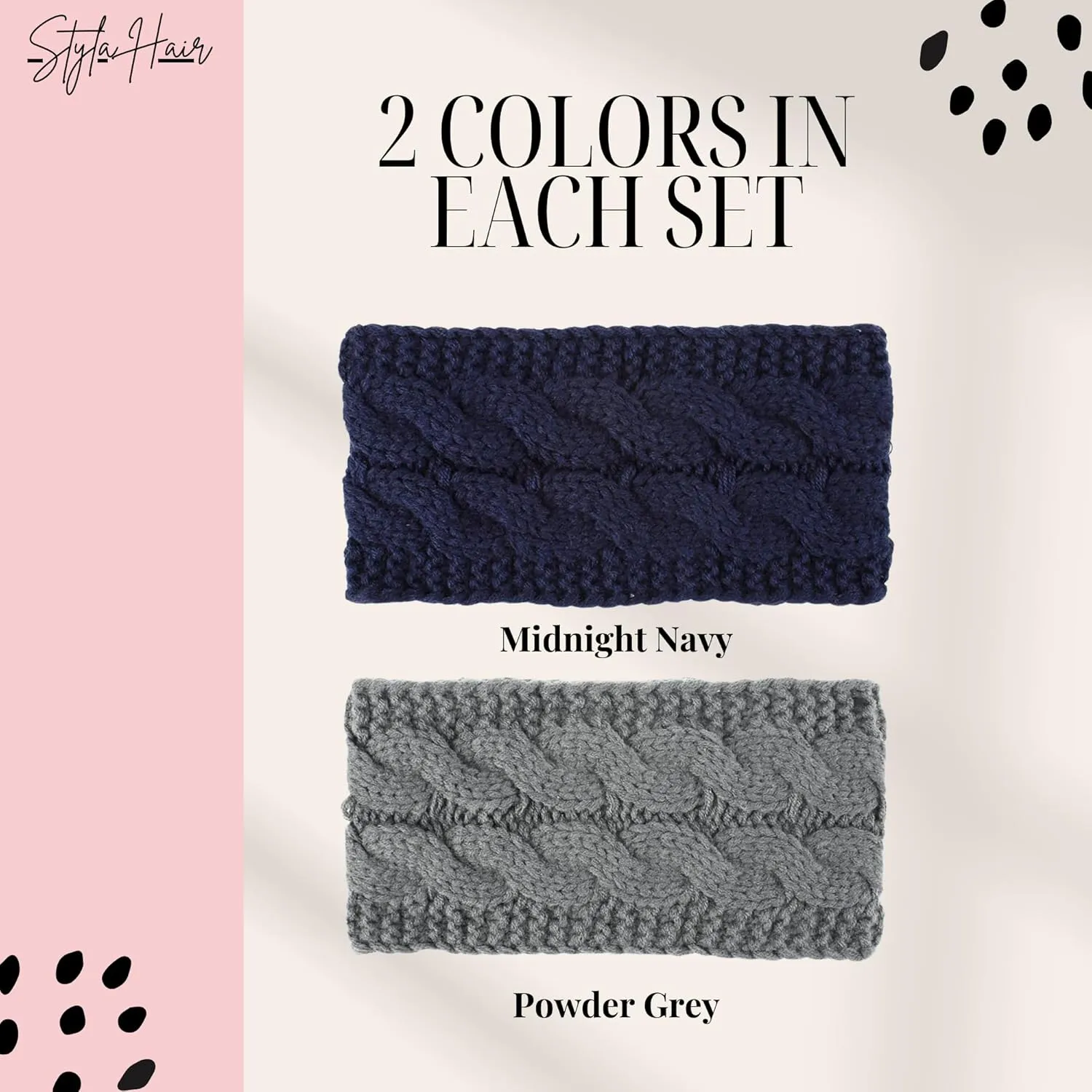 Styla Hair Winter Headbands for Women  Chunky Knit Ear Muffs Headbands with Soft Warm Lining - Ear Warmer Headband for Women, 2 Pack Set Navy Grey