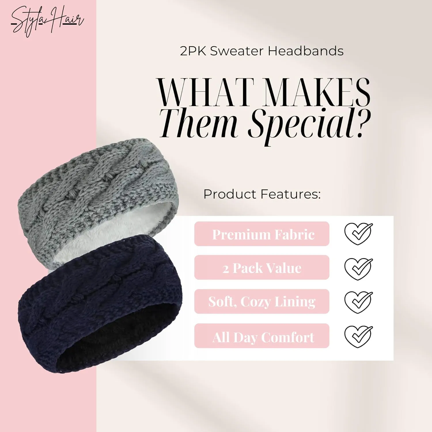 Styla Hair Winter Headbands for Women  Chunky Knit Ear Muffs Headbands with Soft Warm Lining - Ear Warmer Headband for Women, 2 Pack Set Navy Grey