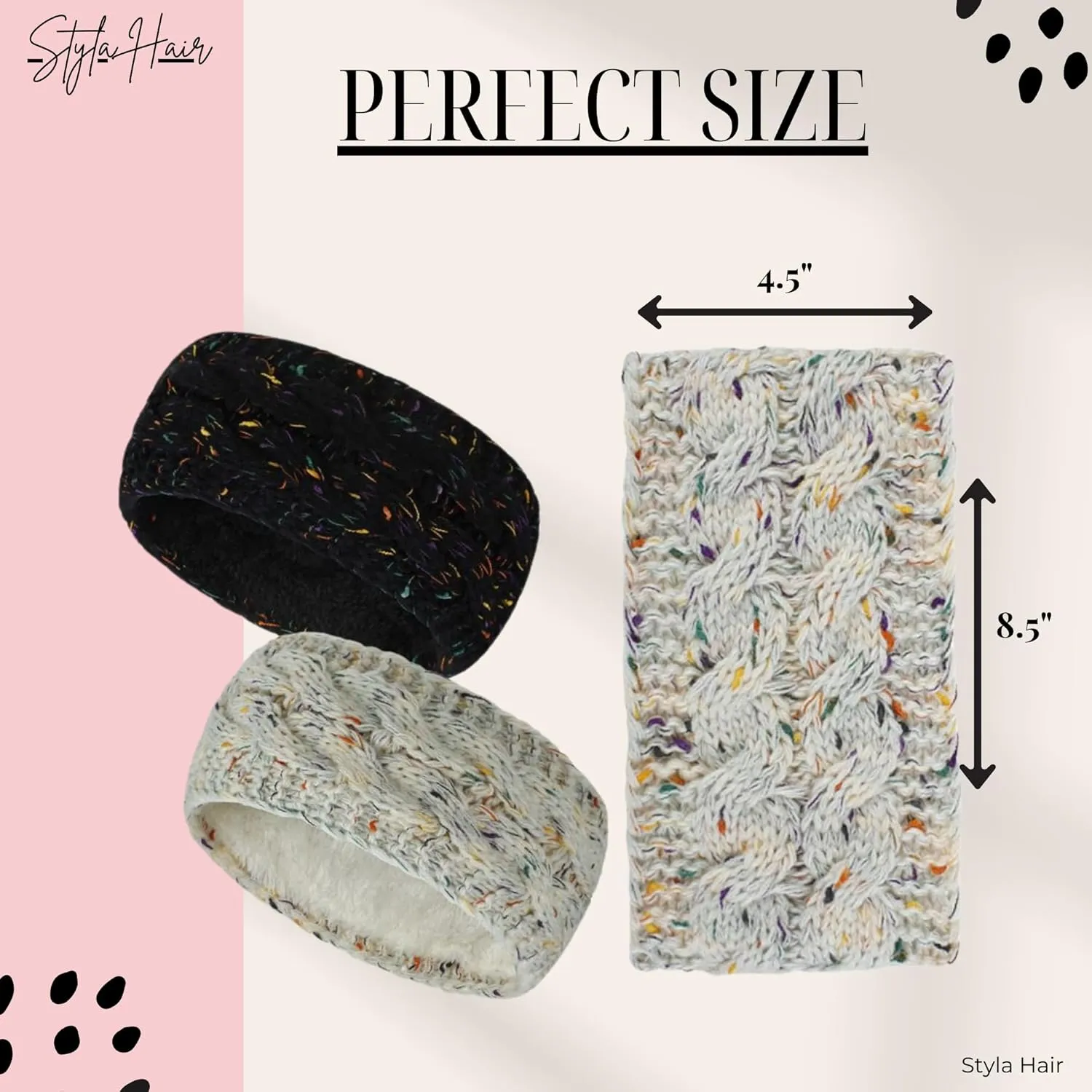 Styla Hair Women's Knit Headband, 2pk Fleece Lined Ear Warmers for Winter, Confetti