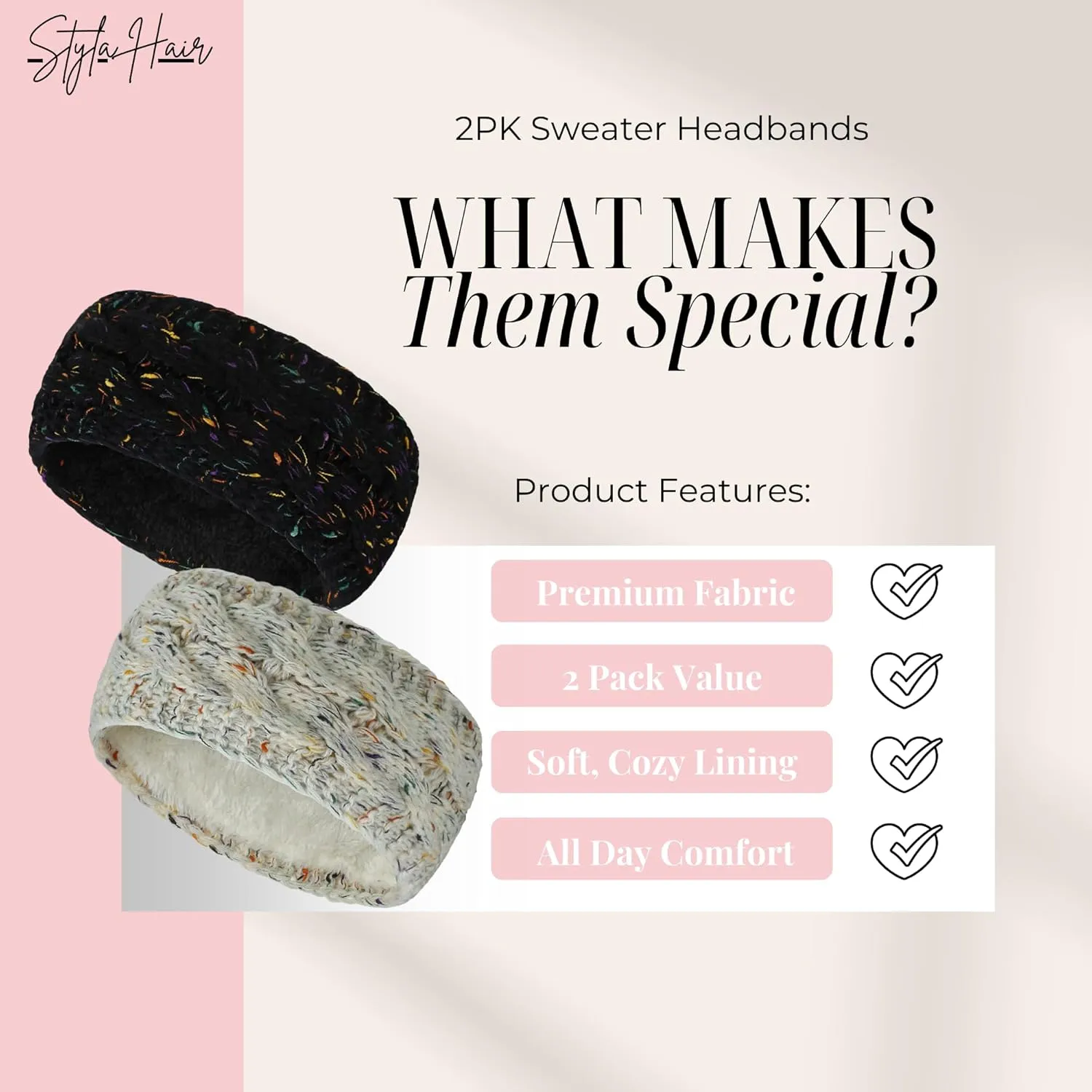 Styla Hair Women's Knit Headband, 2pk Fleece Lined Ear Warmers for Winter, Confetti