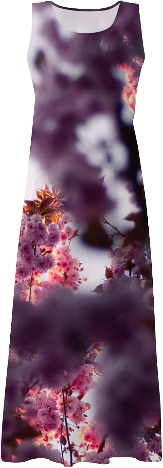 Sundresses for Womens Casual Sleeveless Cotton Linen Long Dress Flowy Beach Floral Print Dresses with Pockets
