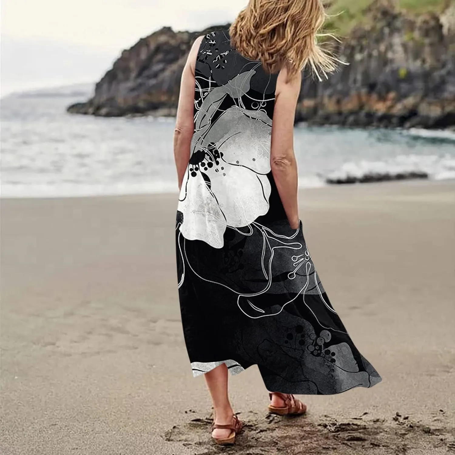 Sundresses for Womens Casual Sleeveless Cotton Linen Long Dress Flowy Beach Floral Print Dresses with Pockets