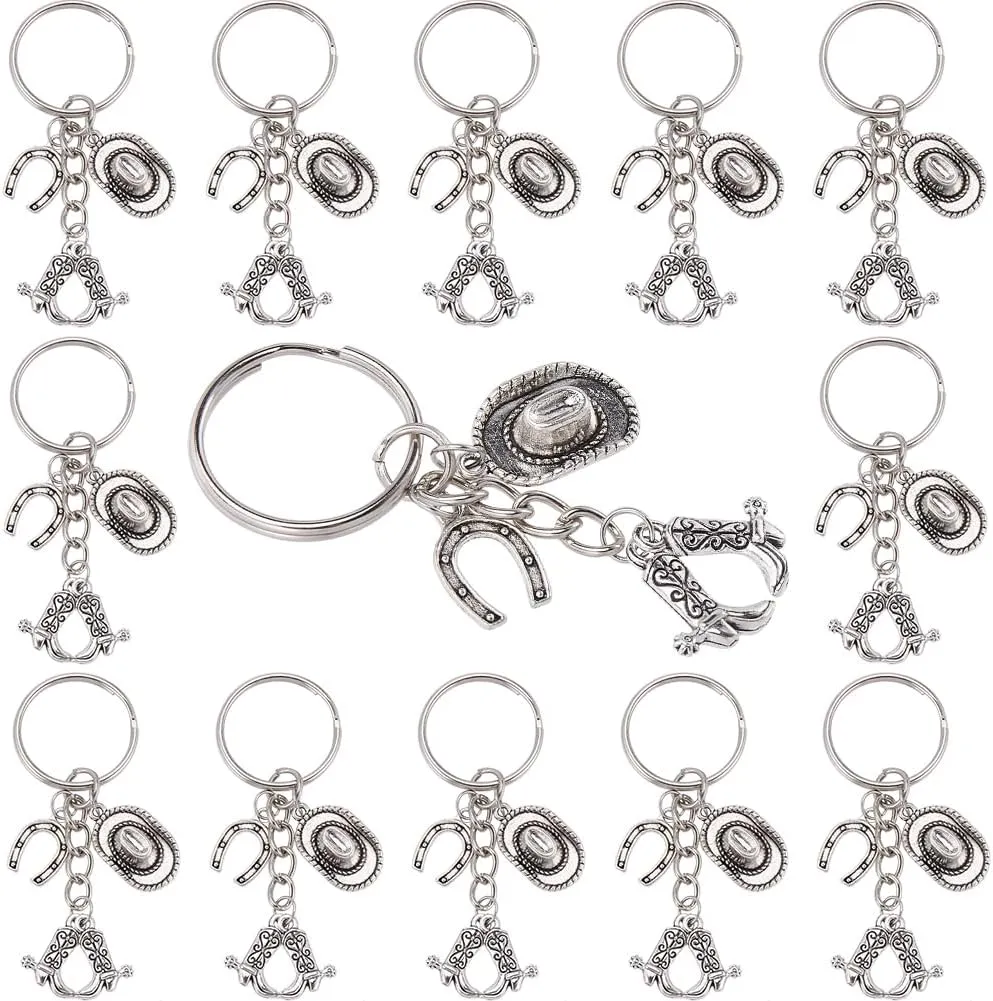 SUNNYCLUE 1 Box 20Pcs Cowboy Boot Keychain Pack Horseshoe Keychains Bulk 70mm Alloy Antique Silver Boots Key Chain for Western Party Wedding Christmas Favors Gifts Supplies Horse Lover Men Adults