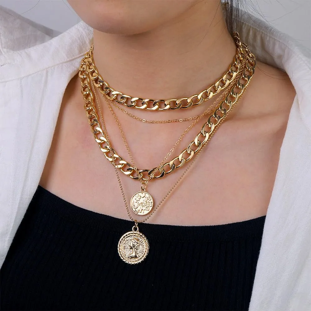 Todenb Layered Gold Pirate Necklace for Women Chunky Chain Pirate Jewelry 80s 90s Coin Pendant Necklace Pirate Costume Accessories