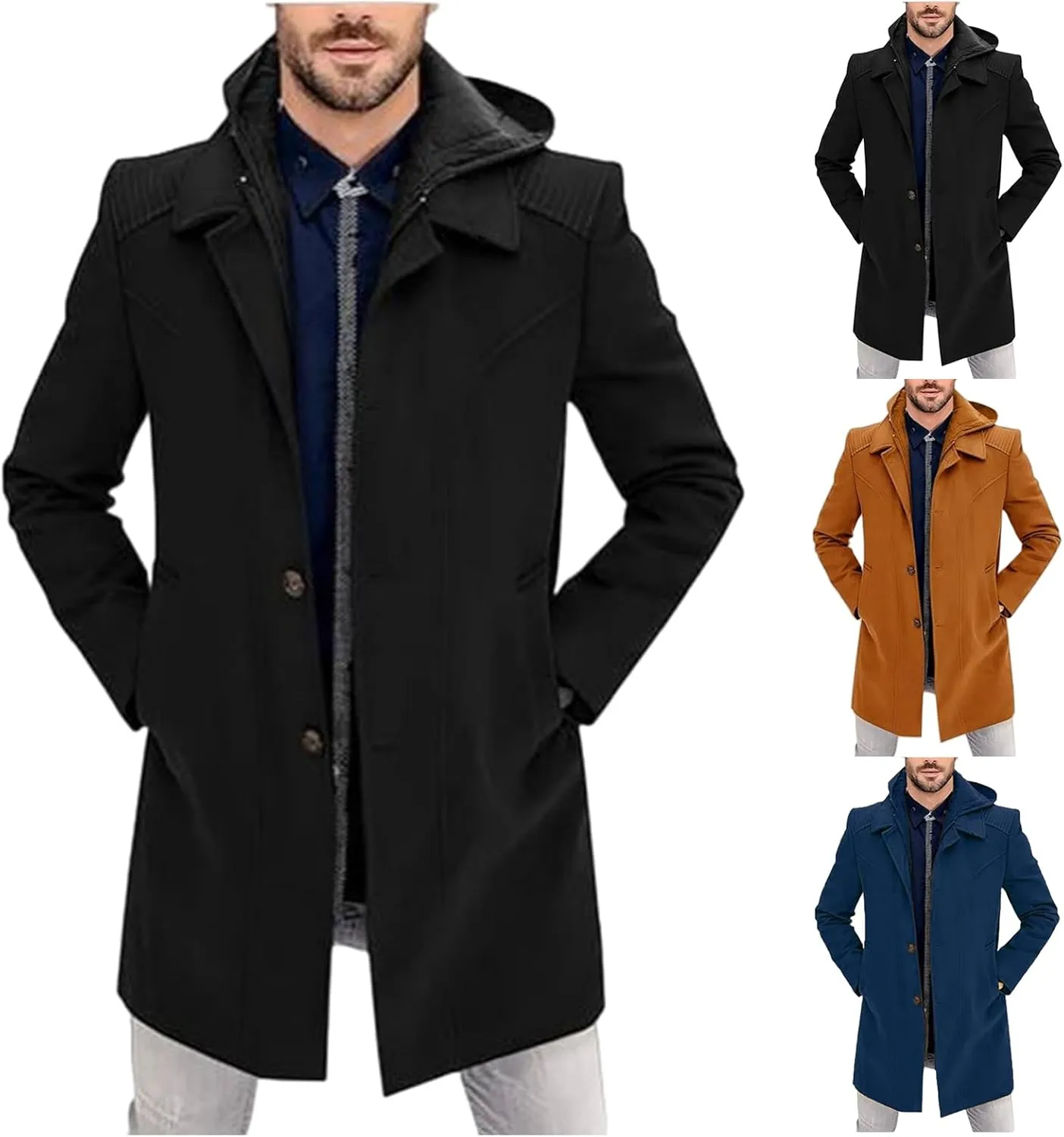 Trench Coat Mens Fall Winter Slim Fit Casual Single Breasted Coat Mid-Length Thermal Business Peacoat Warm Soft Jacket