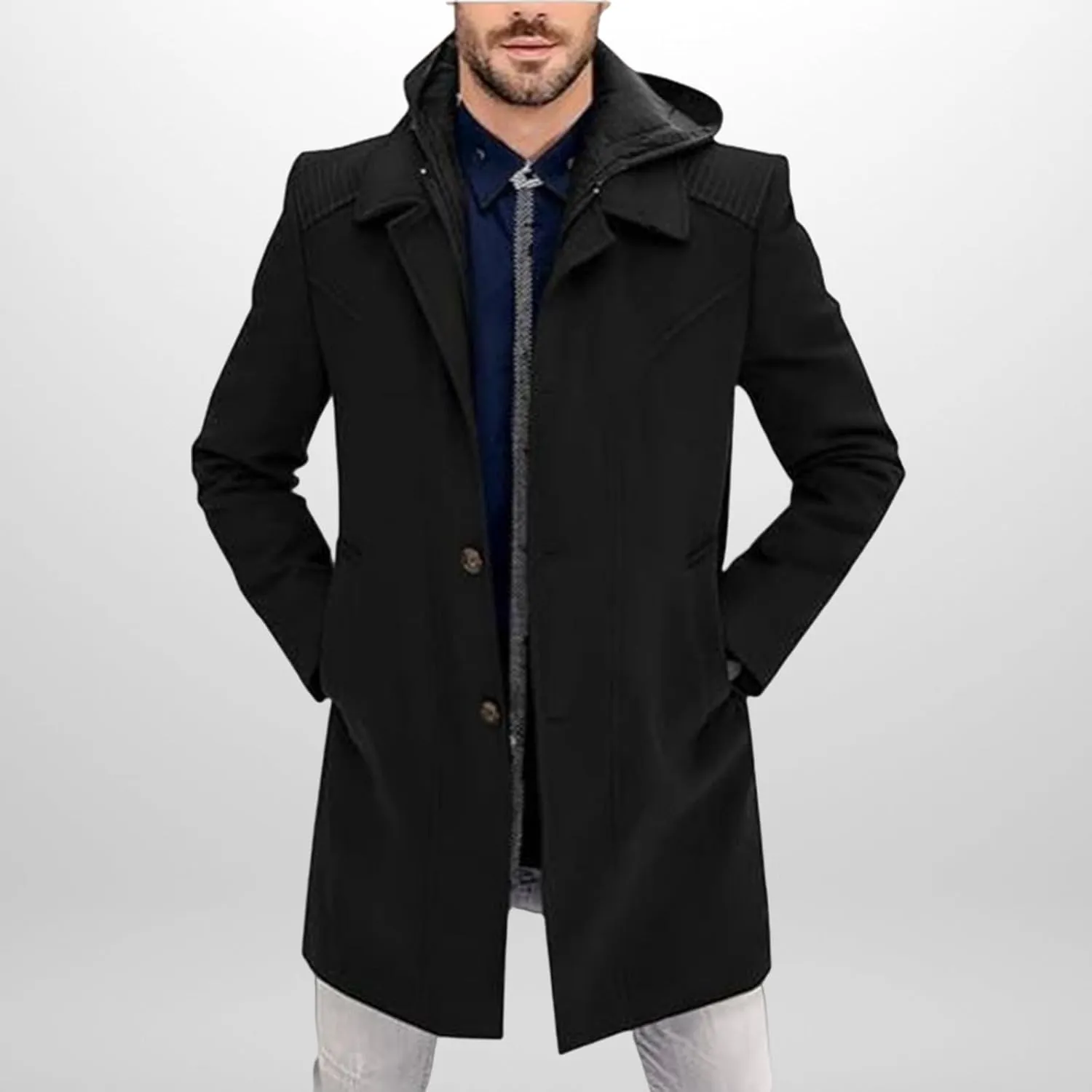 Trench Coat Mens Fall Winter Slim Fit Casual Single Breasted Coat Mid-Length Thermal Business Peacoat Warm Soft Jacket