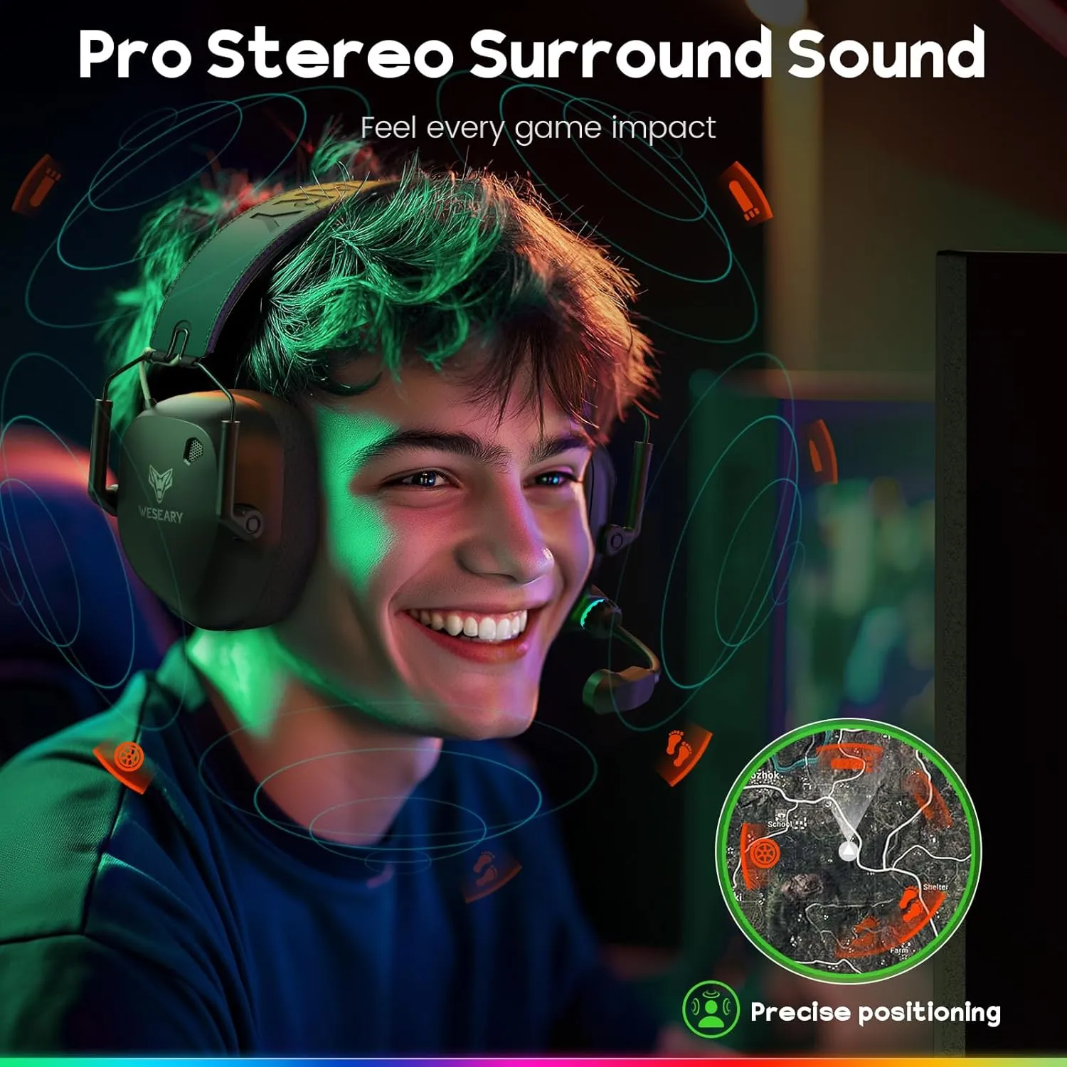 WESEARY Wireless Gaming Headset for PC, Mac, Switch, Mobile, 3D Stereo Gaming Headphones 2.4GHz Mode Compatible with PS5, PS4, Ultra-Low Latency, Crystal-Clear ENC Mic, Soft Earmuffs