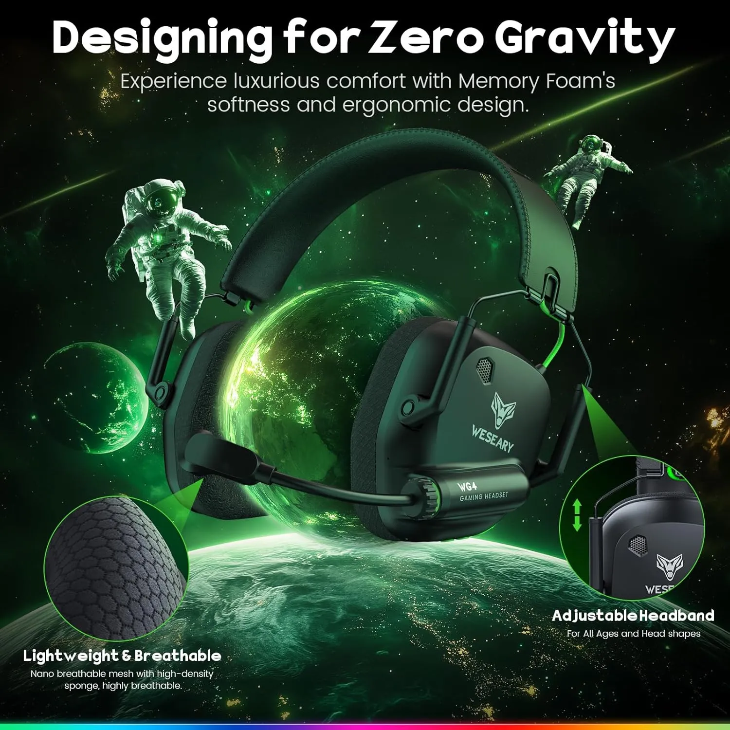 WESEARY Wireless Gaming Headset for PC, Mac, Switch, Mobile, 3D Stereo Gaming Headphones 2.4GHz Mode Compatible with PS5, PS4, Ultra-Low Latency, Crystal-Clear ENC Mic, Soft Earmuffs