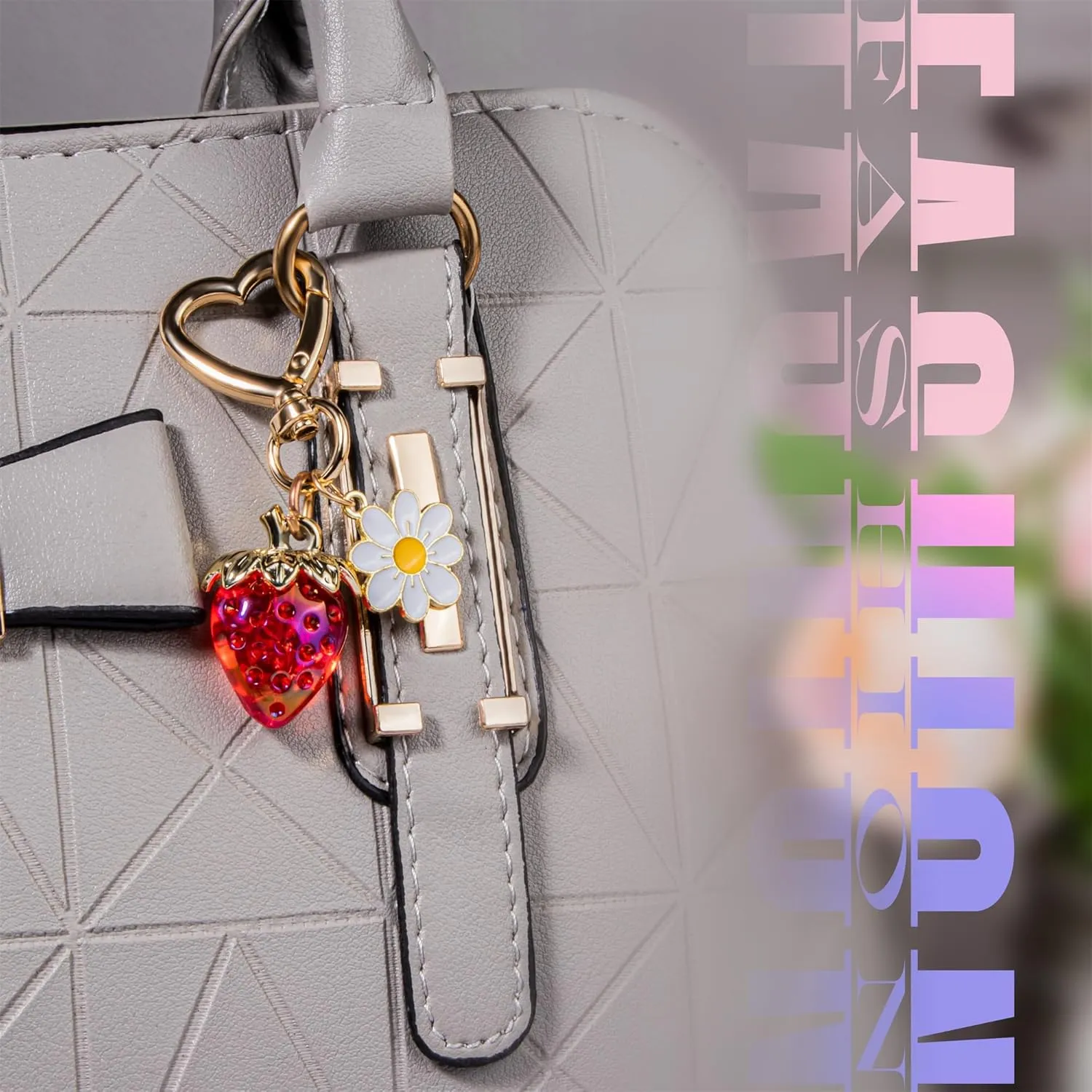 Wikavanli Cute Strawberry Keychain,Bag Charms,Kawaii Heart Flower Daisy Key chains Accessories Decor for Women Girls Purse