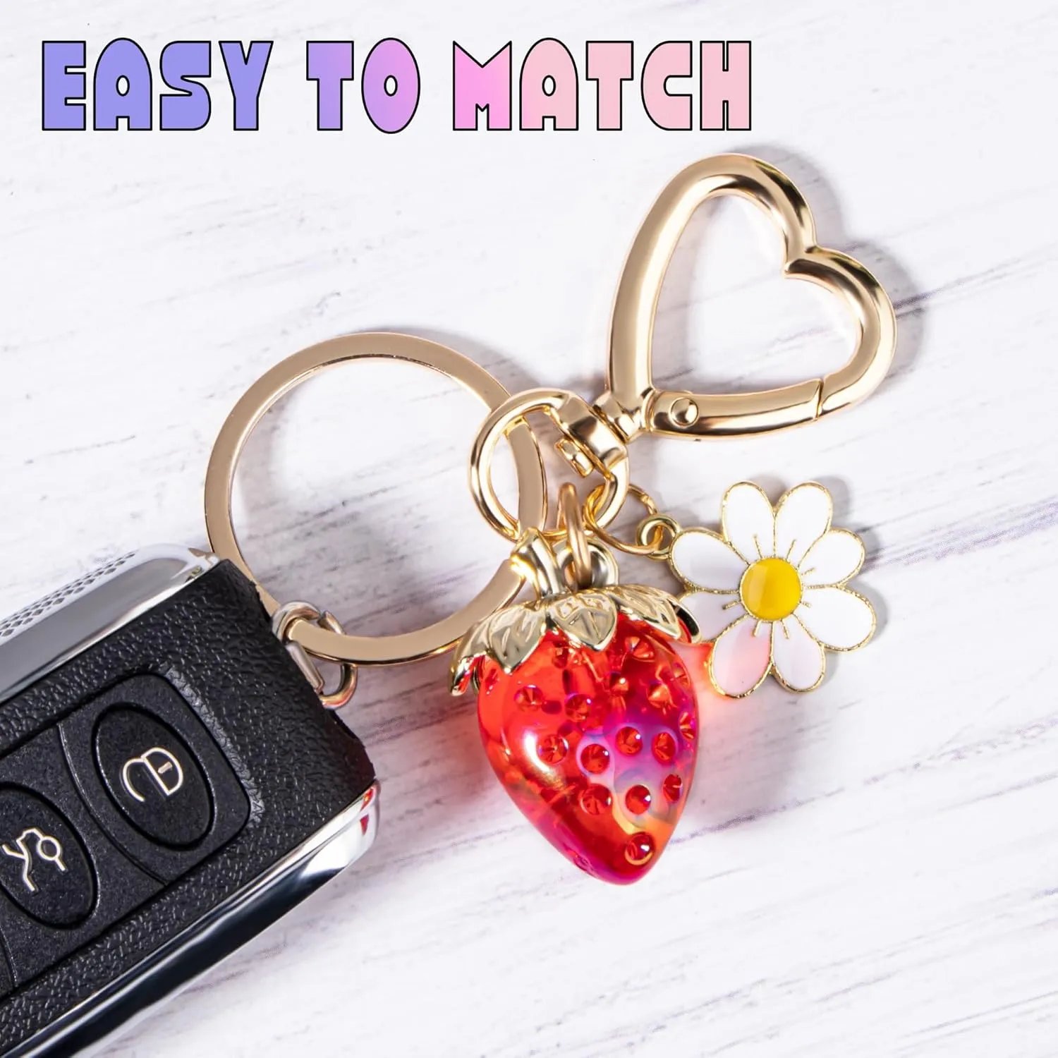 Wikavanli Cute Strawberry Keychain,Bag Charms,Kawaii Heart Flower Daisy Key chains Accessories Decor for Women Girls Purse