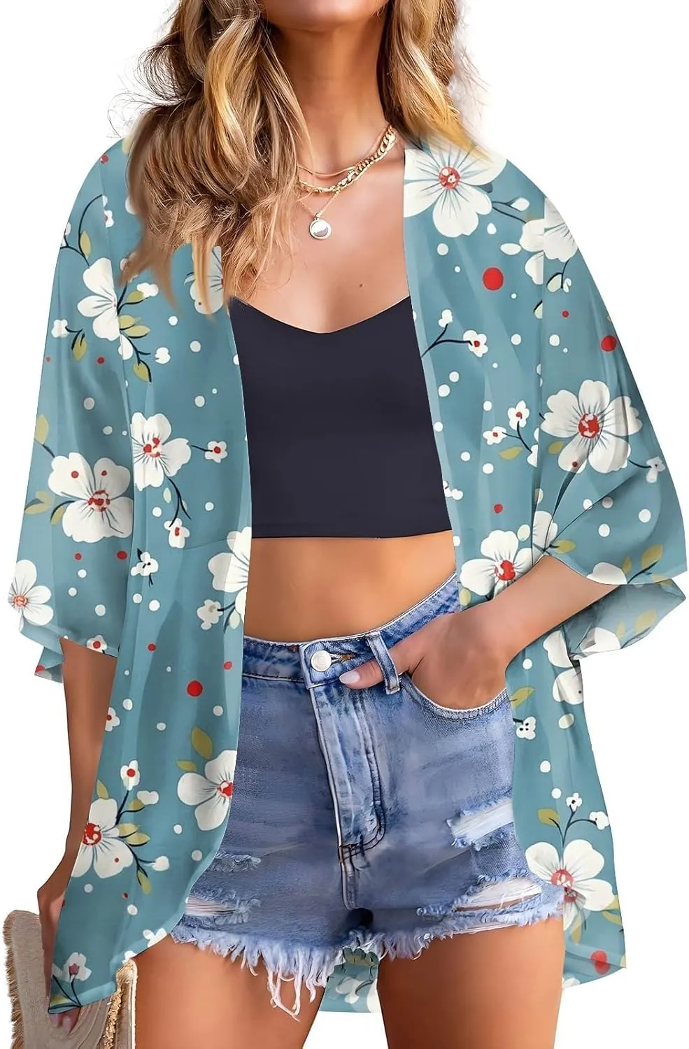 Women American Flag Lightweight Chiffon Kimono Cardigan Short Sleeve 4th of July Coverup Casual Open Front Blouse Top