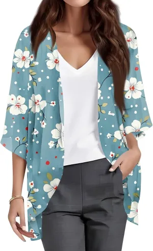 Women American Flag Lightweight Chiffon Kimono Cardigan Short Sleeve 4th of July Coverup Casual Open Front Blouse Top