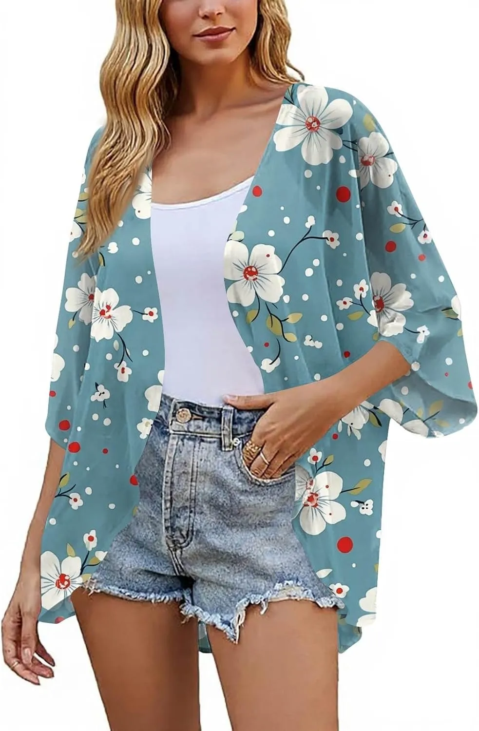 Women American Flag Lightweight Chiffon Kimono Cardigan Short Sleeve 4th of July Coverup Casual Open Front Blouse Top