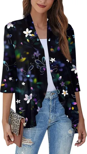 Women Cardigan 3/4 Sleeves Open Front Lightweight Cardigan Draped Ruffles Knit Cardigan Loose Casual Kimono Sweater