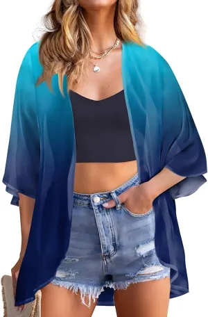 Women Kimono Cardigans 3/4 Length Sleeve Loose Fit Beach Cover Ups Summer Casual Boho Open Front Chiffon Swimwear