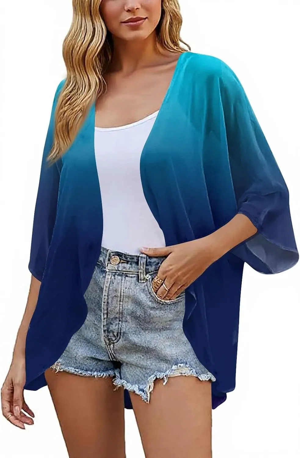 Women Kimono Cardigans 3/4 Length Sleeve Loose Fit Beach Cover Ups Summer Casual Boho Open Front Chiffon Swimwear