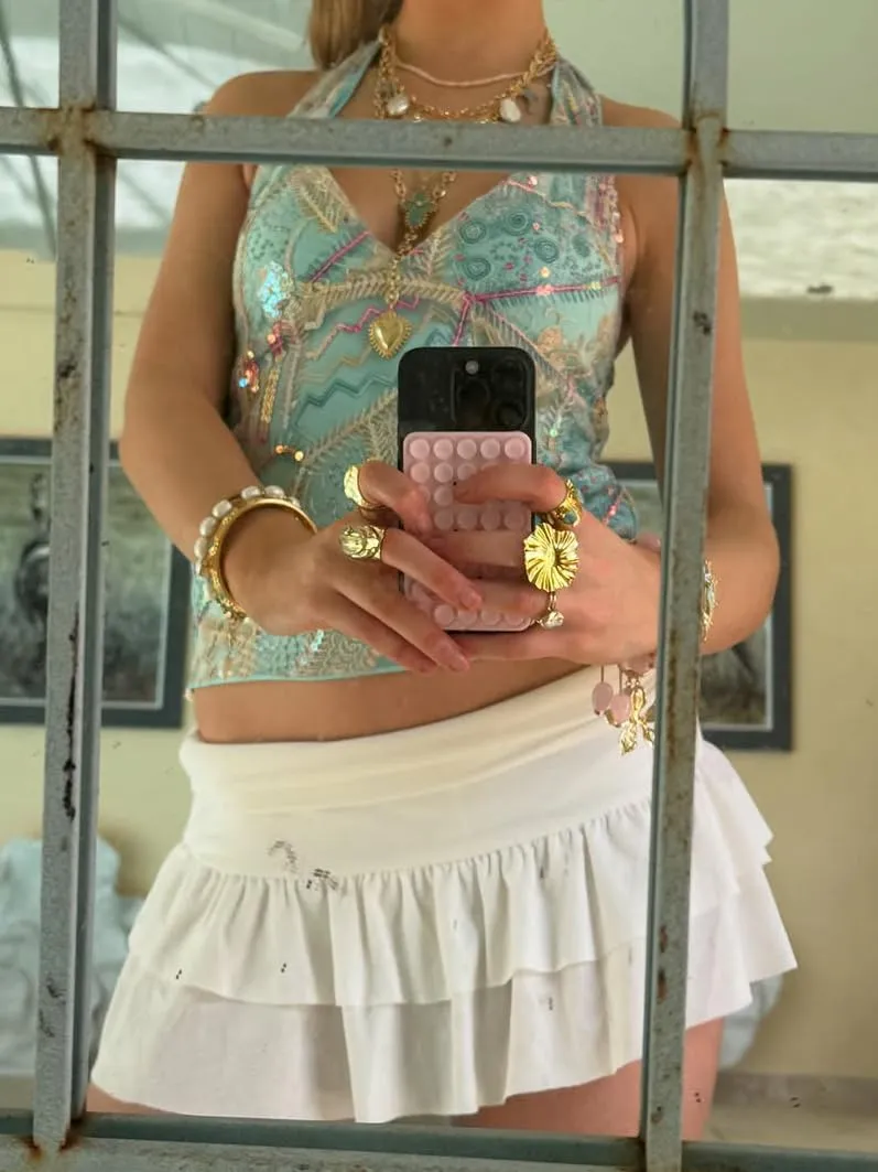 Women Y2k Sequin Floral Tank Top Sparkle Pearl Embellished Cami Top Sleeveless Rhinestone Crop Top