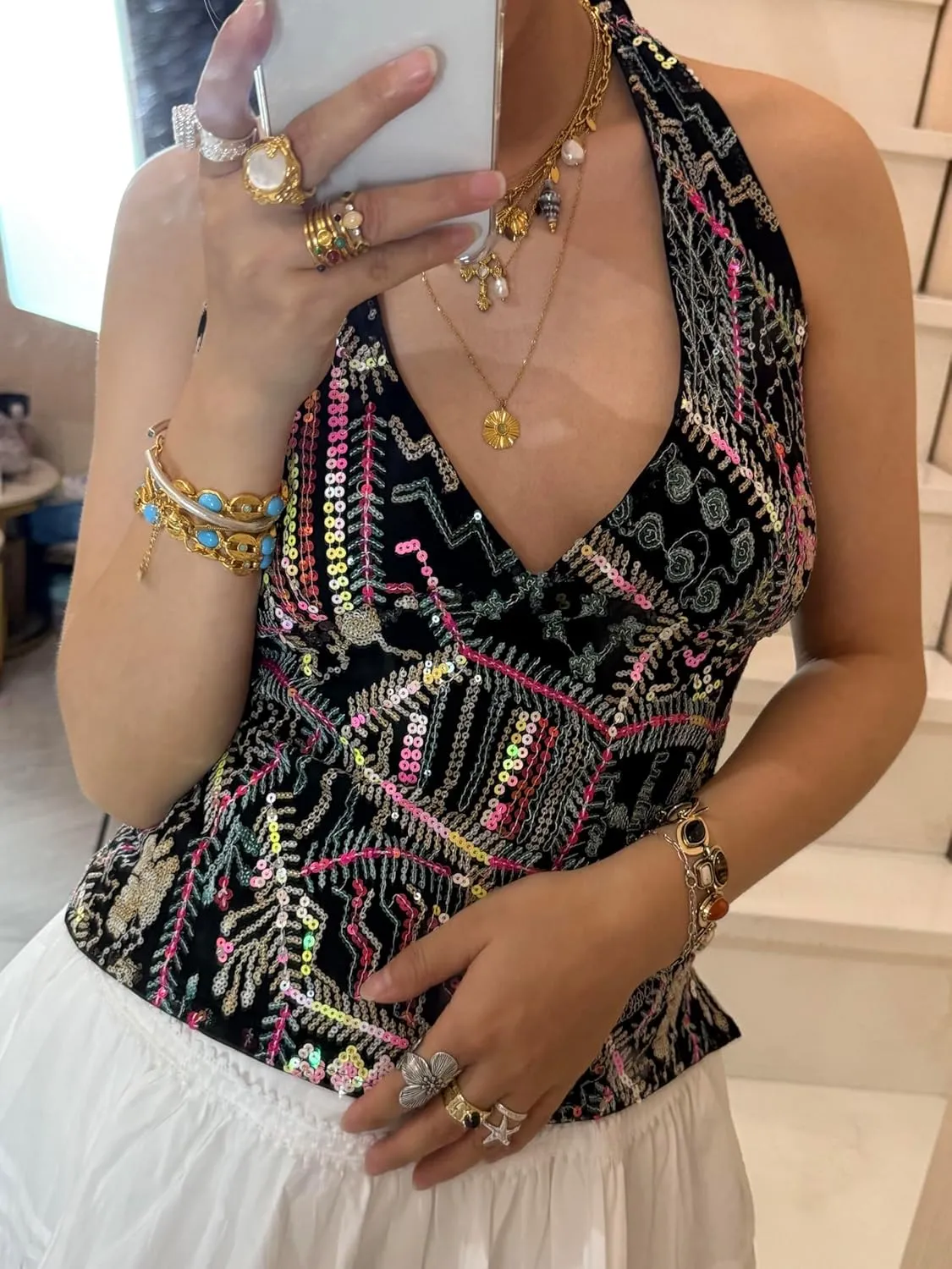 Women Y2k Sequin Floral Tank Top Sparkle Pearl Embellished Cami Top Sleeveless Rhinestone Crop Top