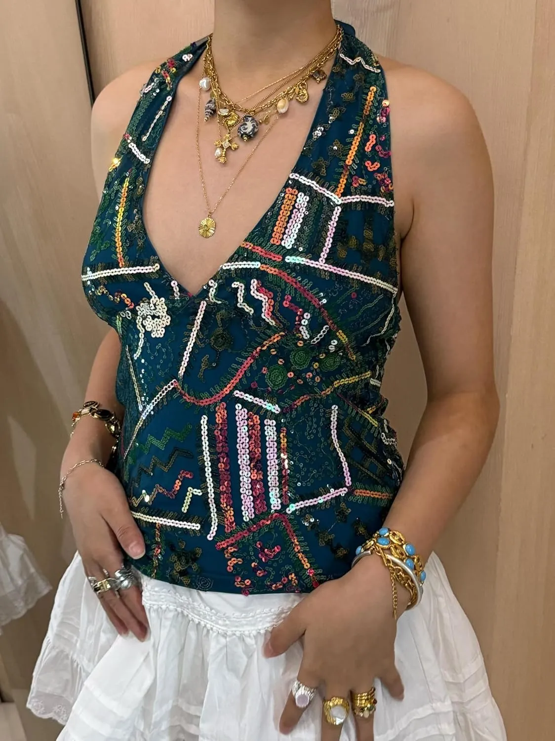 Women Y2k Sequin Floral Tank Top Sparkle Pearl Embellished Cami Top Sleeveless Rhinestone Crop Top