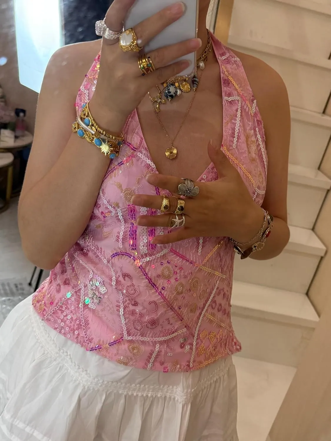 Women Y2k Sequin Floral Tank Top Sparkle Pearl Embellished Cami Top Sleeveless Rhinestone Crop Top