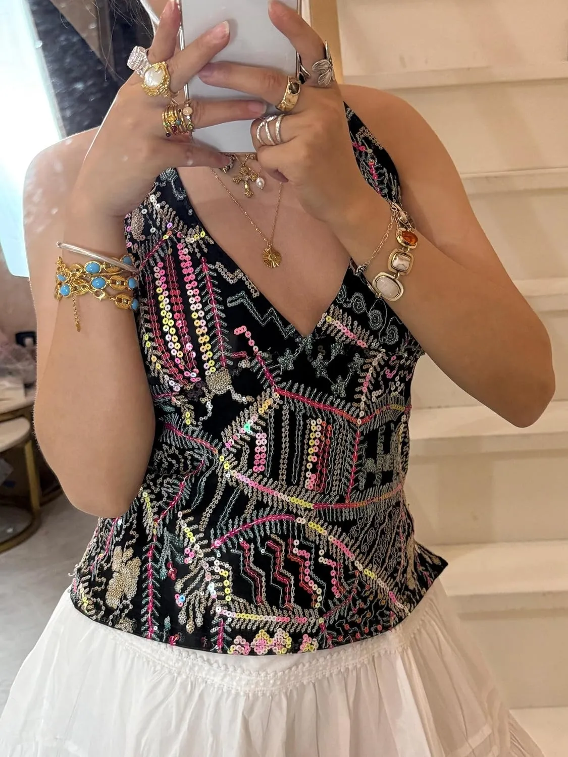Women Y2k Sequin Floral Tank Top Sparkle Pearl Embellished Cami Top Sleeveless Rhinestone Crop Top