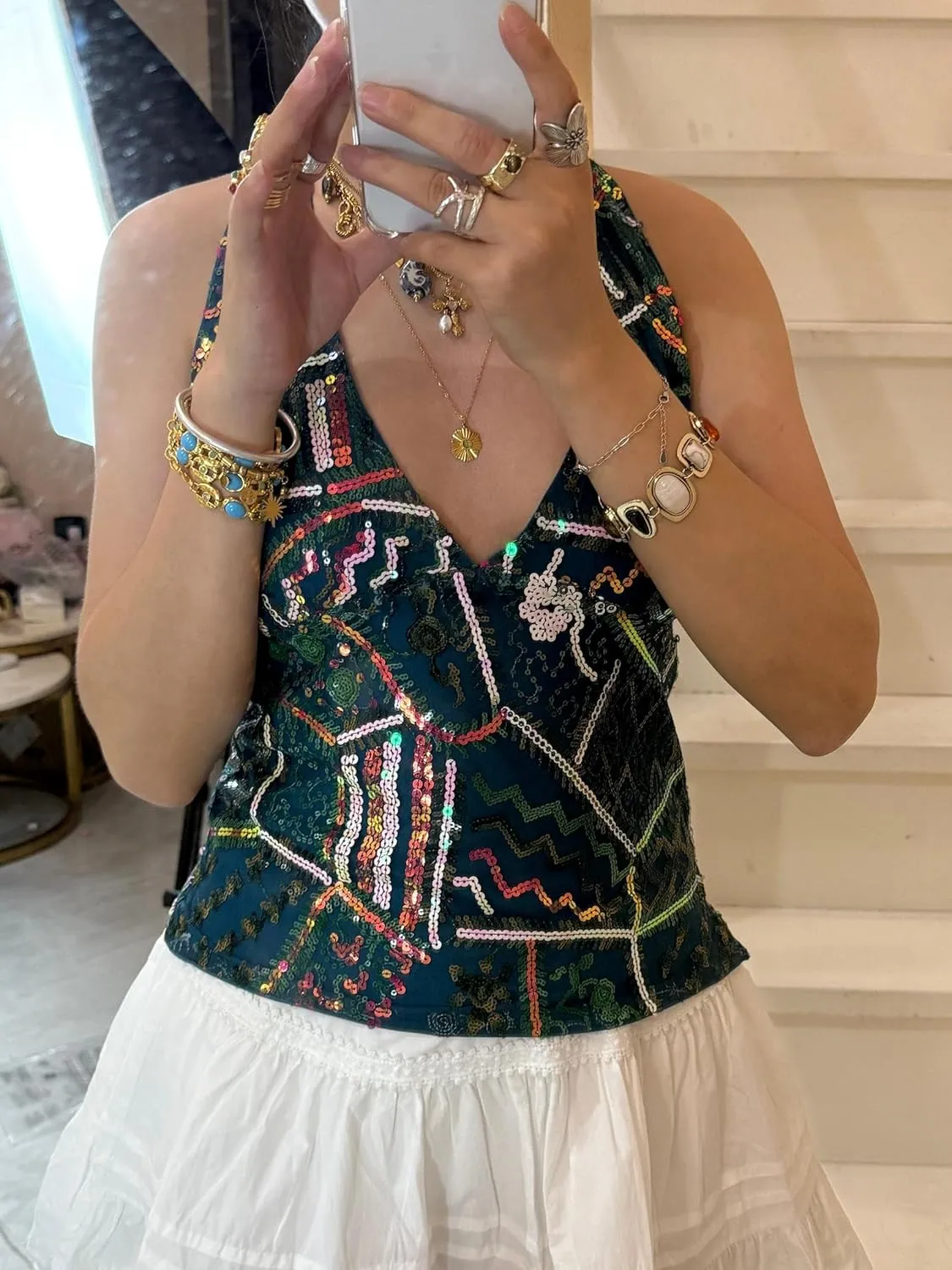 Women Y2k Sequin Floral Tank Top Sparkle Pearl Embellished Cami Top Sleeveless Rhinestone Crop Top
