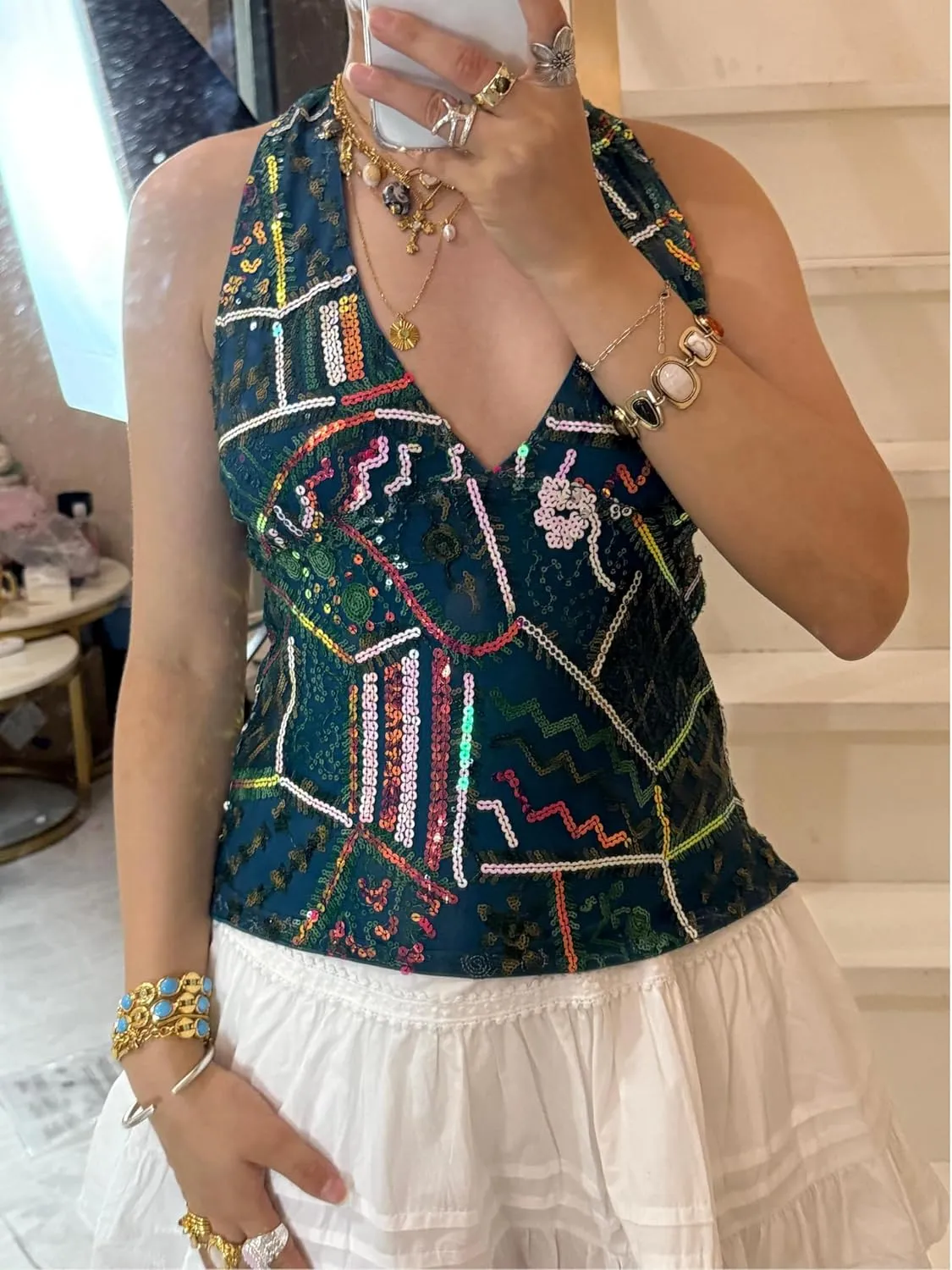 Women Y2k Sequin Floral Tank Top Sparkle Pearl Embellished Cami Top Sleeveless Rhinestone Crop Top