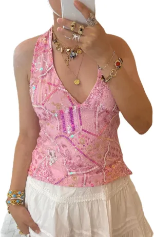 Women Y2k Sequin Floral Tank Top Sparkle Pearl Embellished Cami Top Sleeveless Rhinestone Crop Top